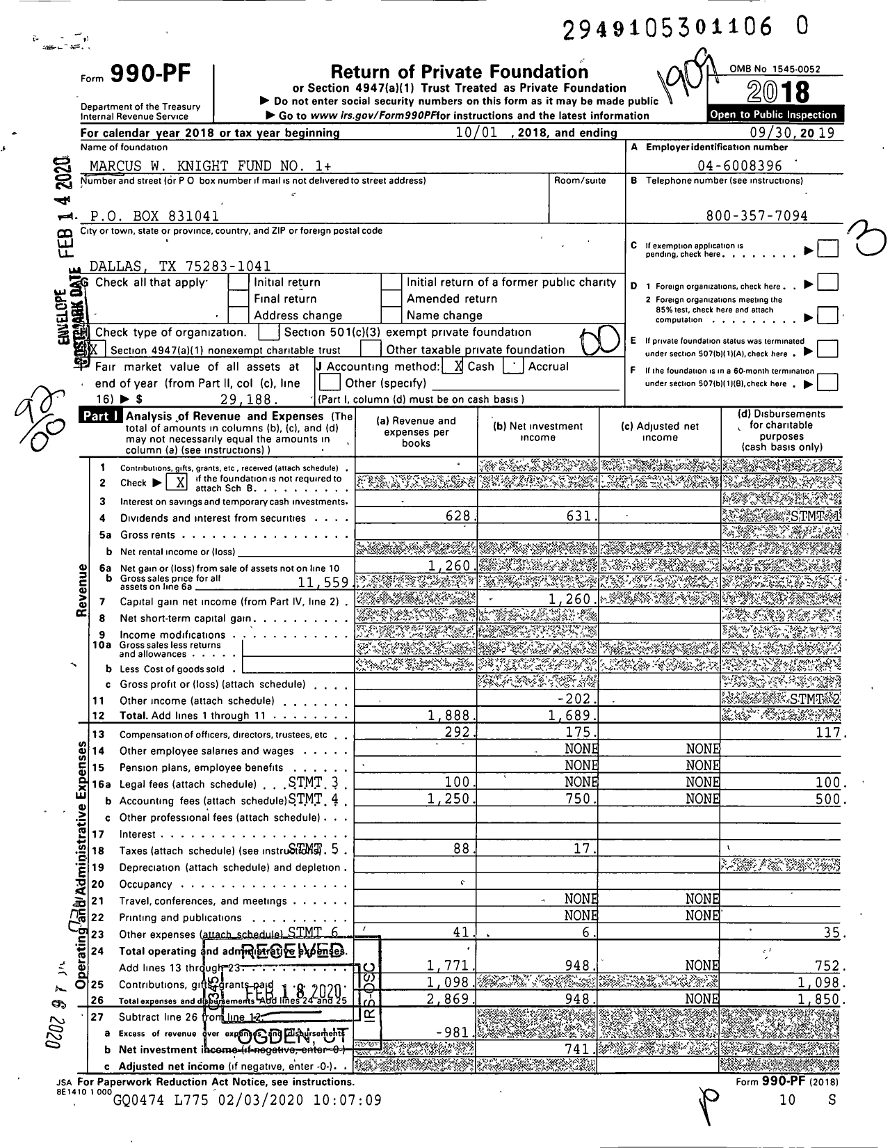 Image of first page of 2018 Form 990PR for Marcus W Knight Fund No 1