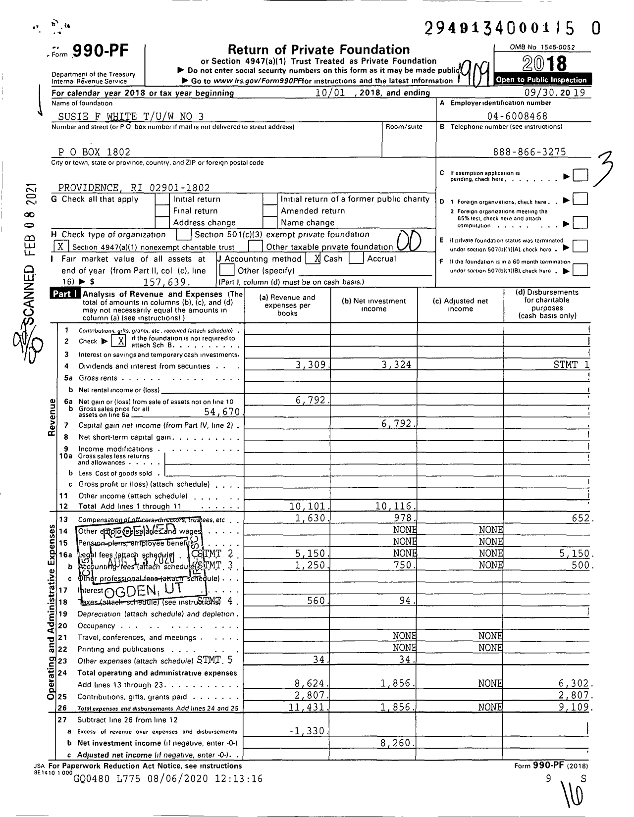 Image of first page of 2018 Form 990PF for Susie F White Tuw No 3