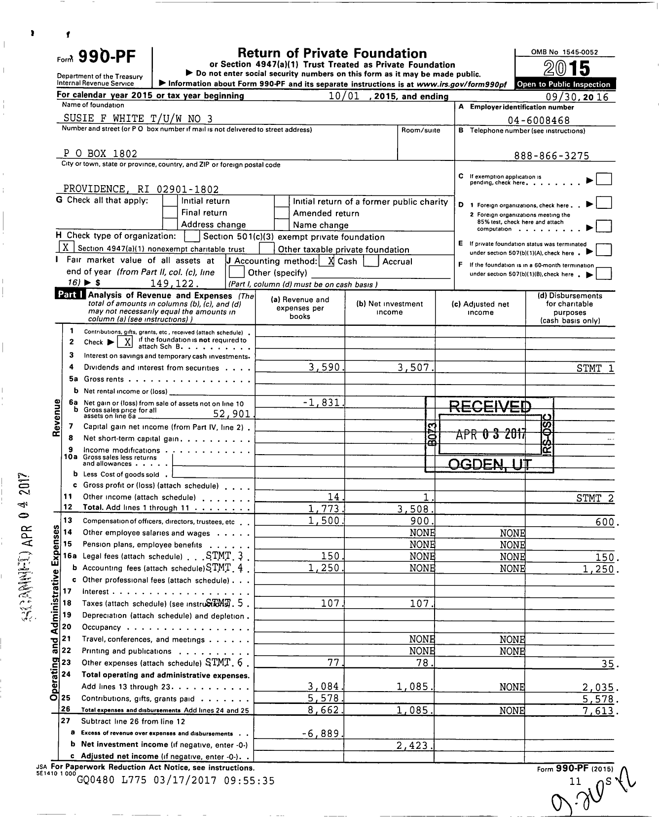 Image of first page of 2015 Form 990PF for Susie F White Tuw No 3