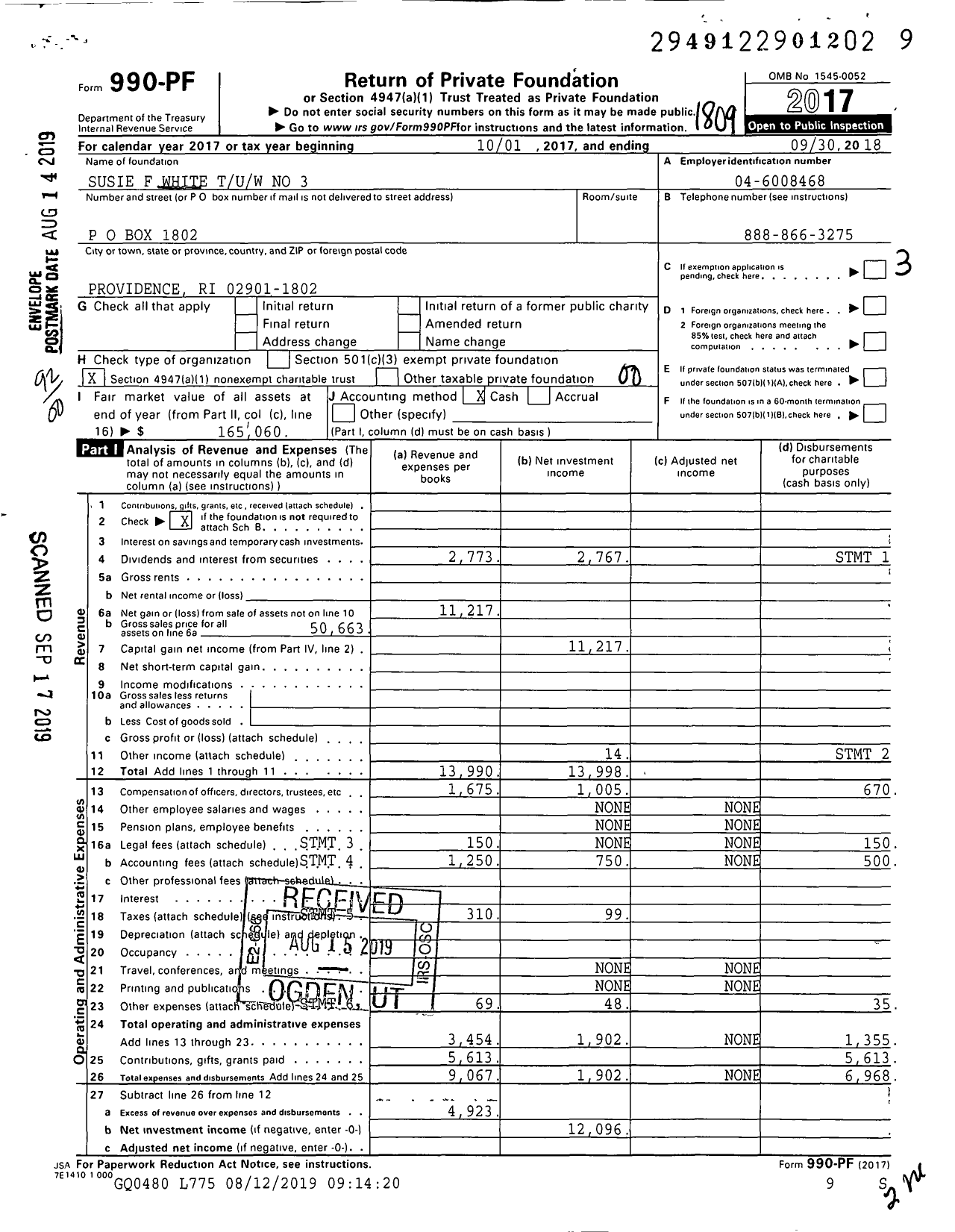 Image of first page of 2017 Form 990PF for Susie F White Tuw No 3