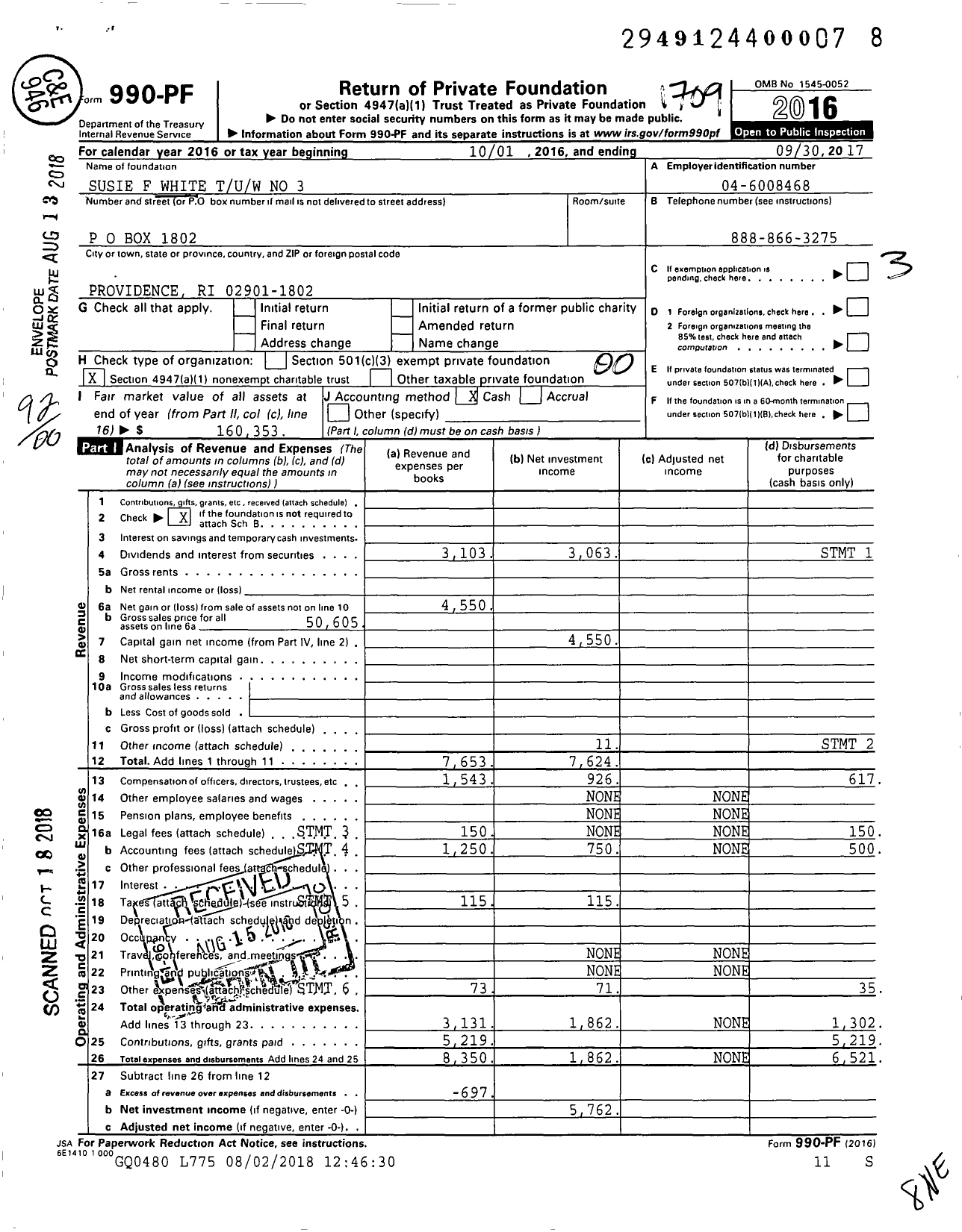 Image of first page of 2016 Form 990PF for Susie F White Tuw No 3