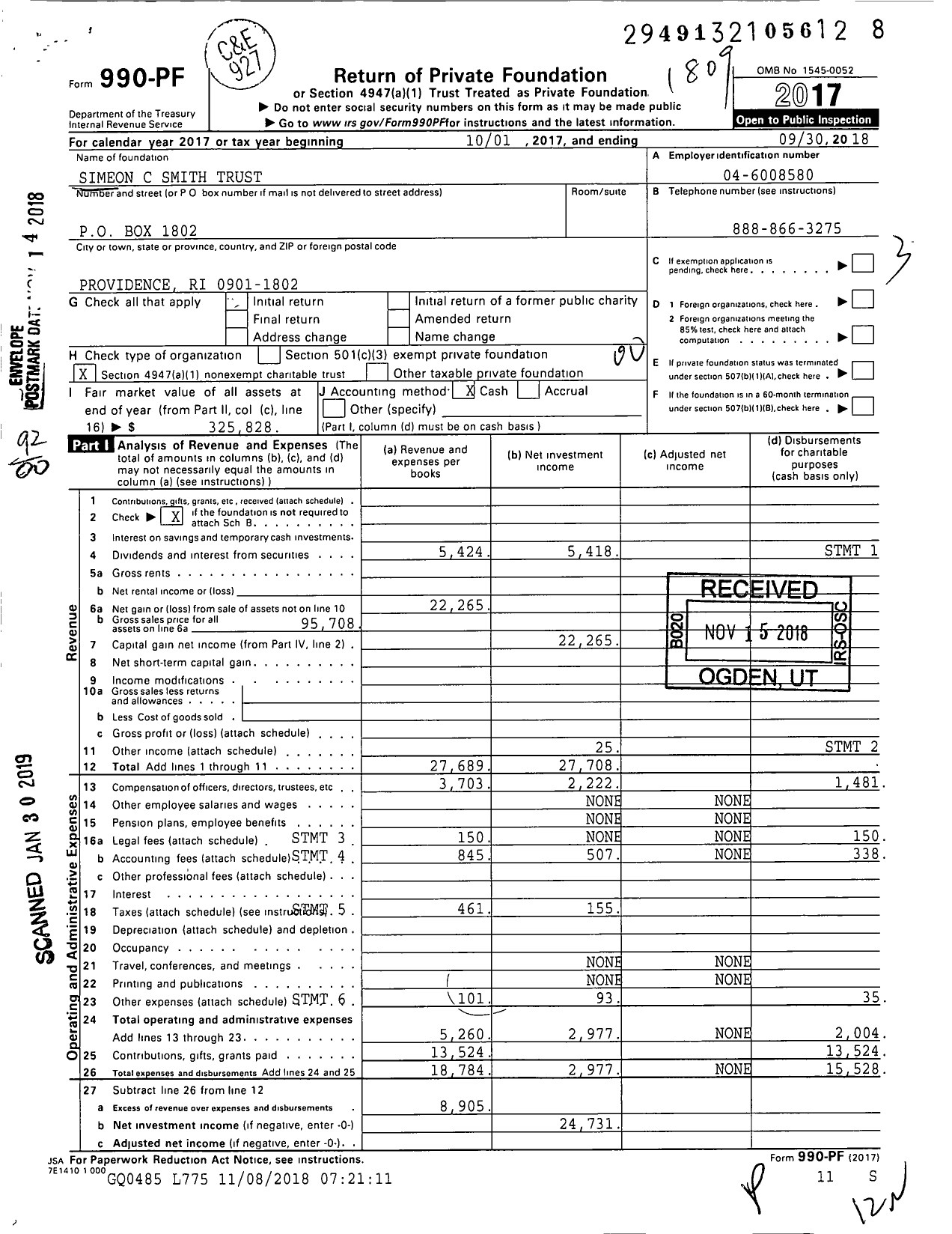 Image of first page of 2017 Form 990PF for Simeon C Smith Trust