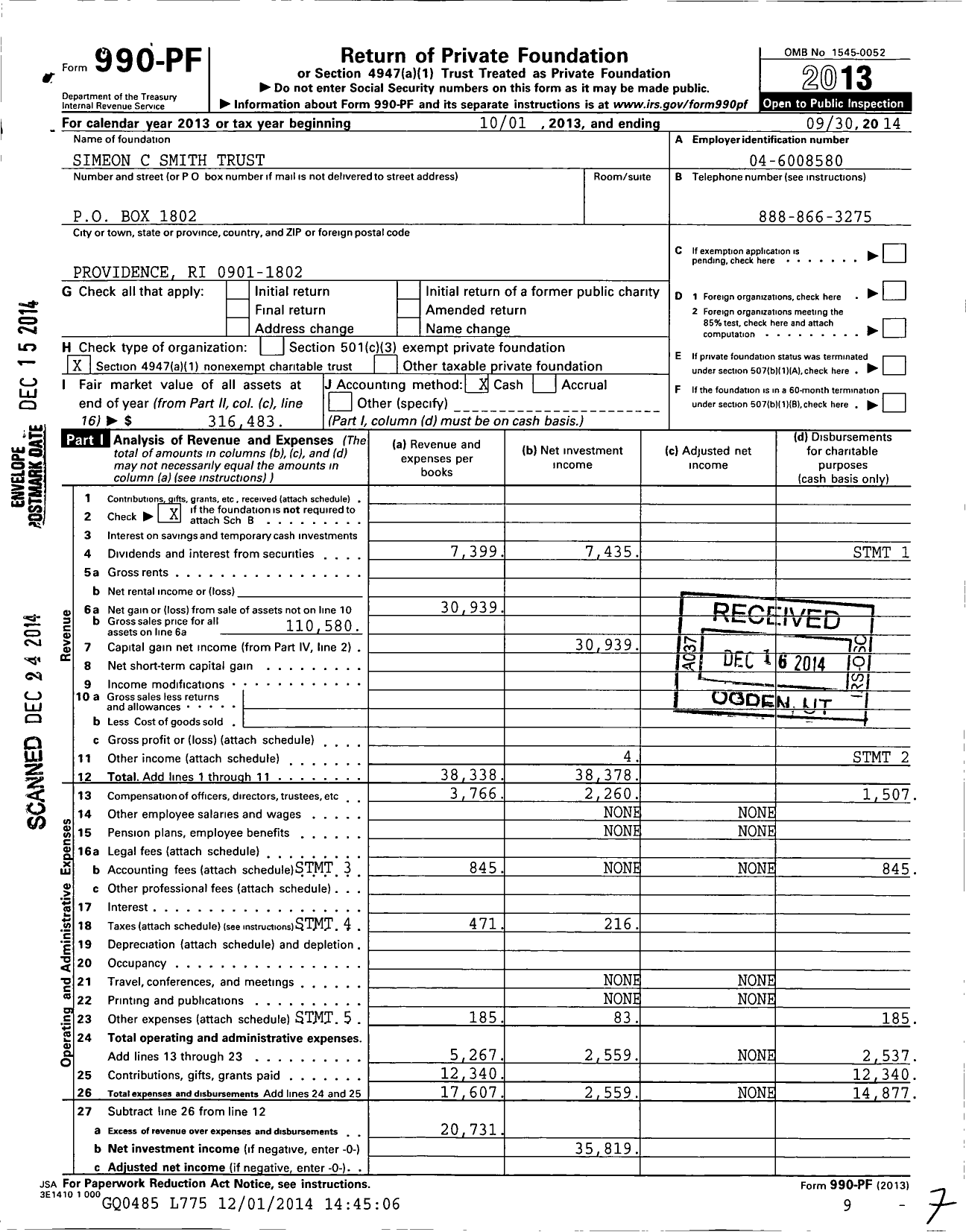 Image of first page of 2013 Form 990PF for Simeon C Smith Trust