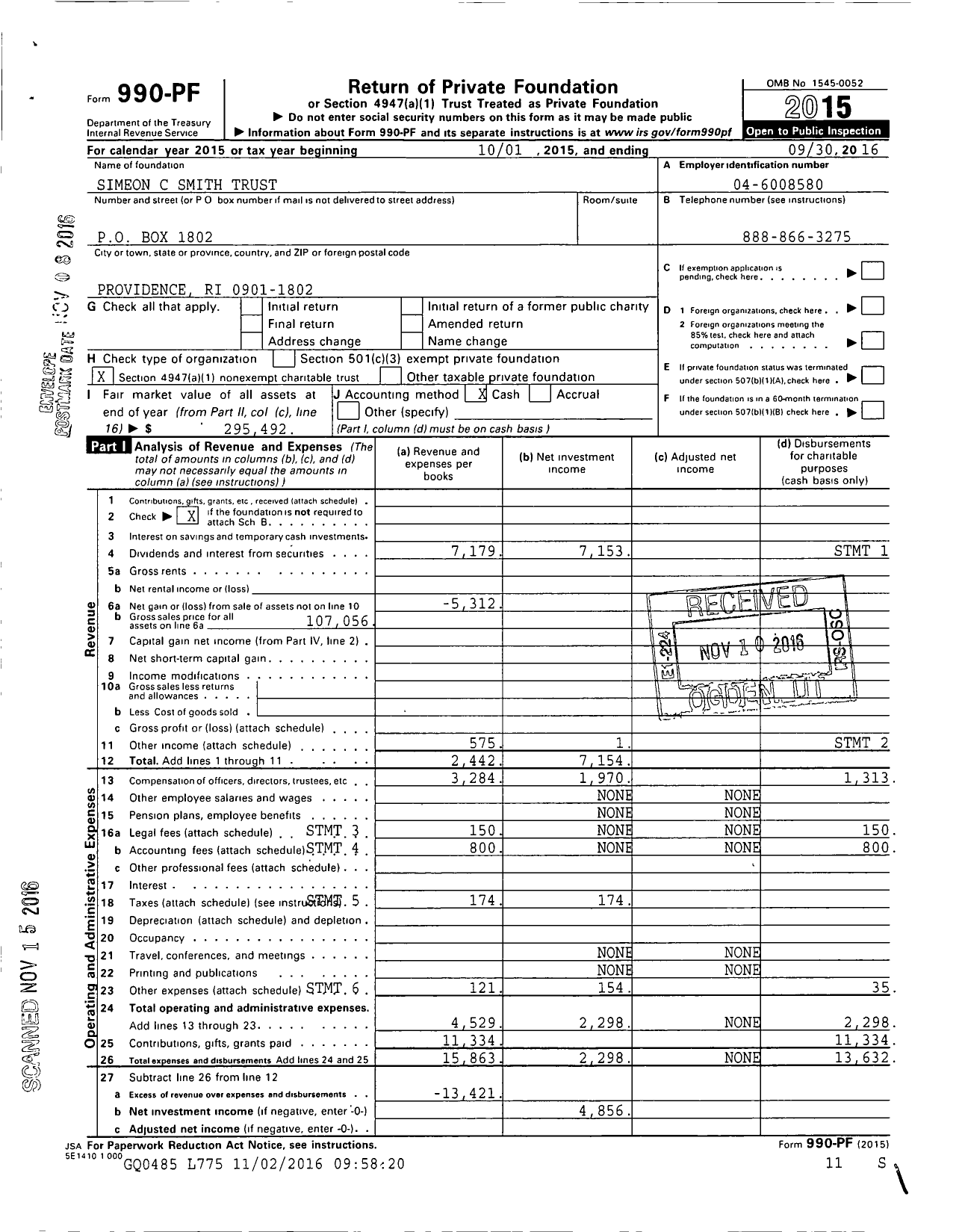 Image of first page of 2015 Form 990PF for Simeon C Smith Trust