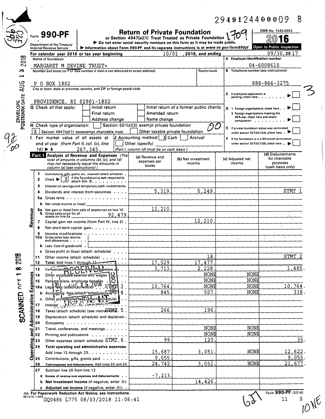 Image of first page of 2016 Form 990PF for Margaret M Devine Trust