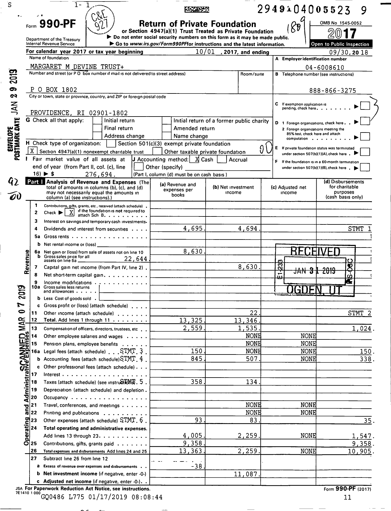 Image of first page of 2017 Form 990PF for Margaret M Devine Trust