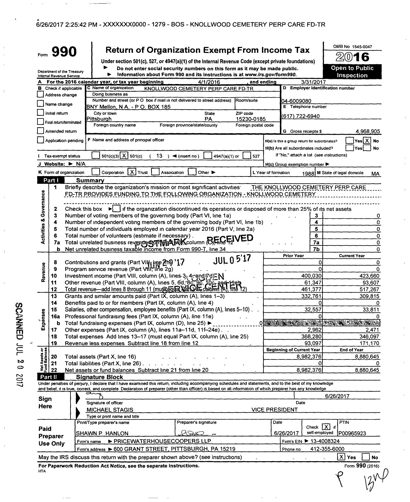 Image of first page of 2016 Form 990O for Knollwood Cemetery Perp Care FD-TR