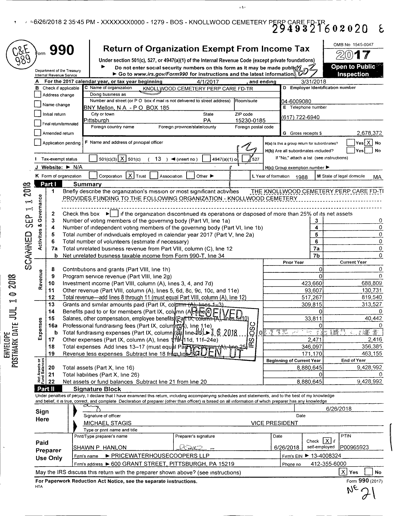 Image of first page of 2017 Form 990O for Knollwood Cemetery Perp Care FD-TR