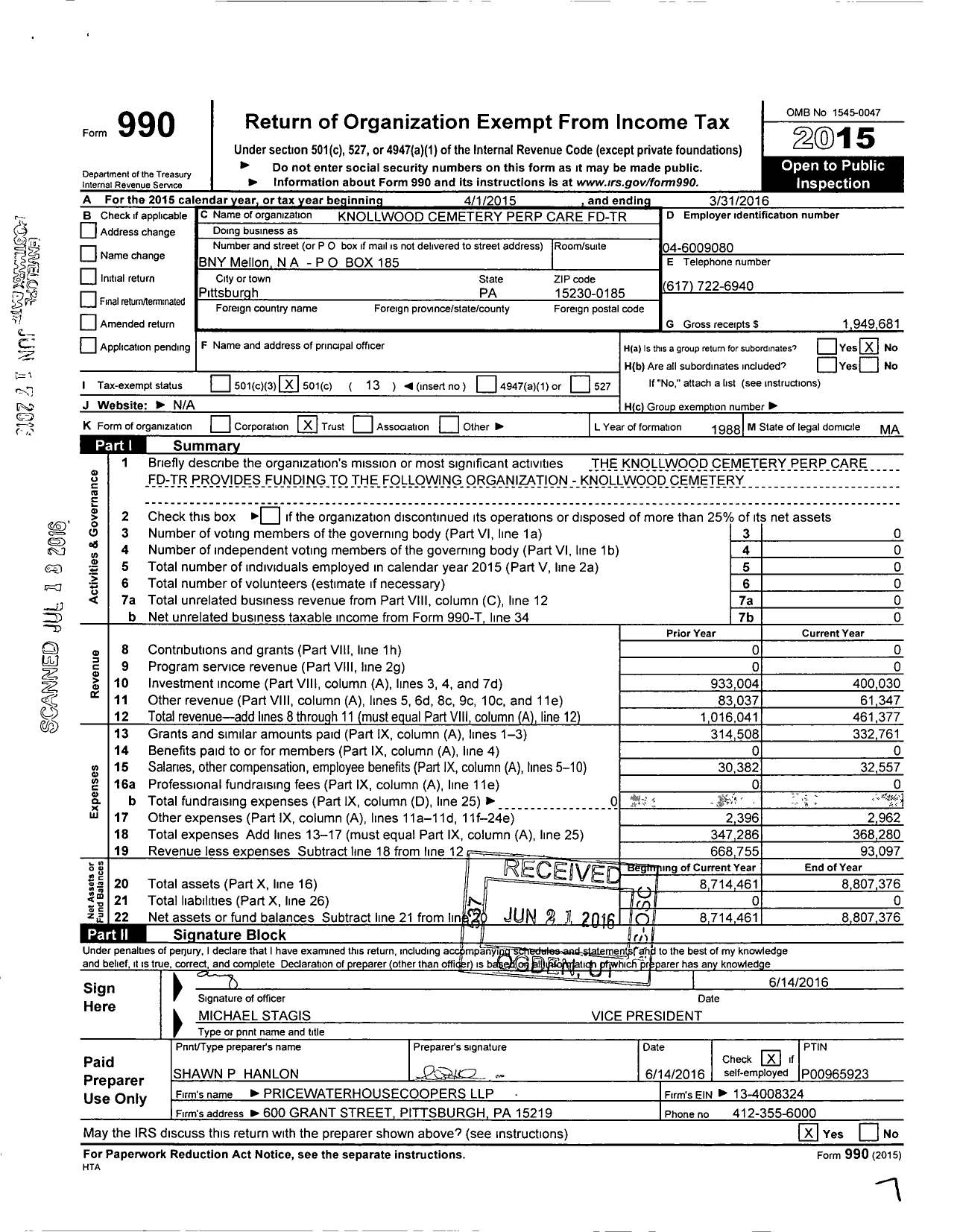 Image of first page of 2015 Form 990O for Knollwood Cemetery Perp Care FD-TR