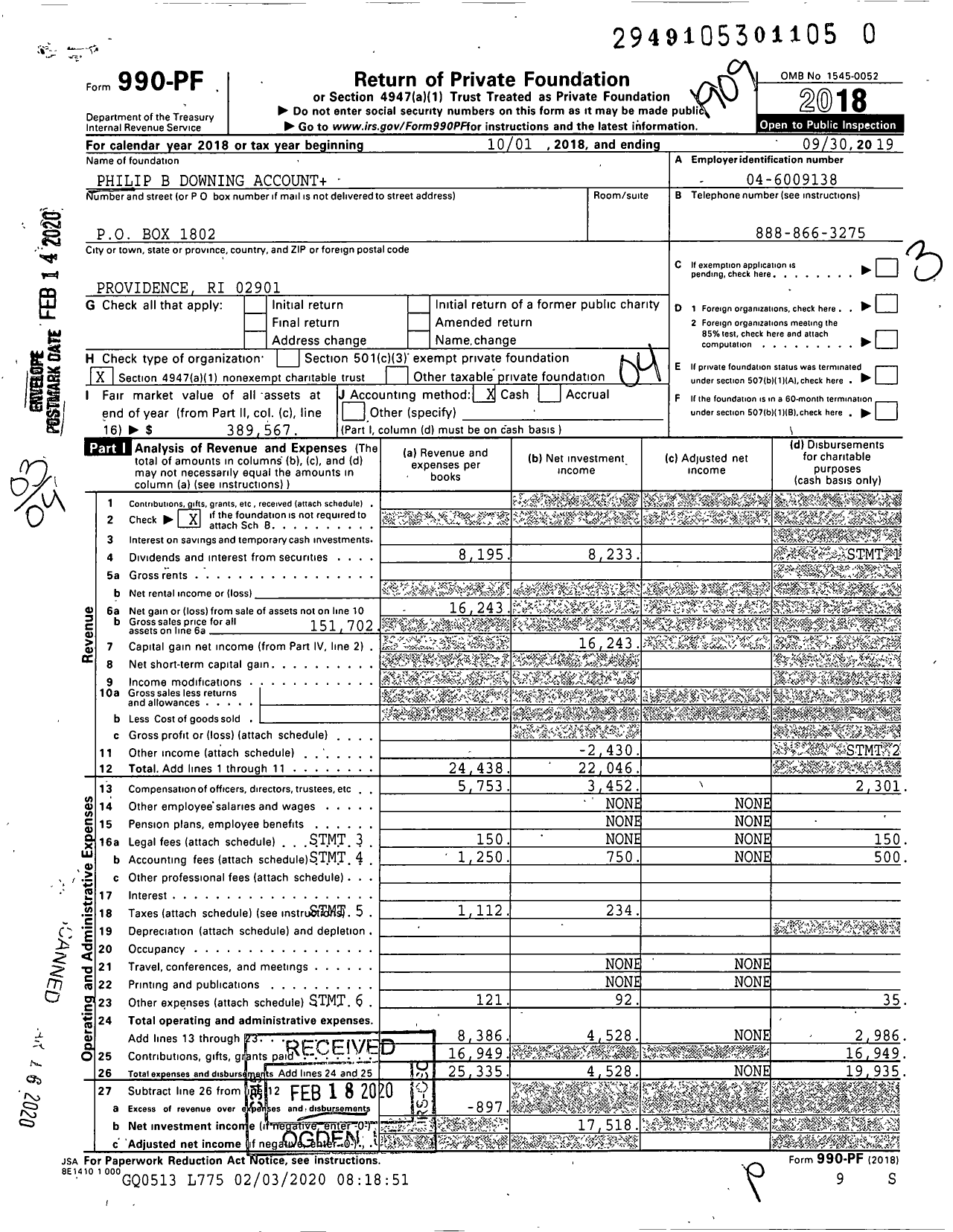 Image of first page of 2018 Form 990PR for Philip B Downing Account