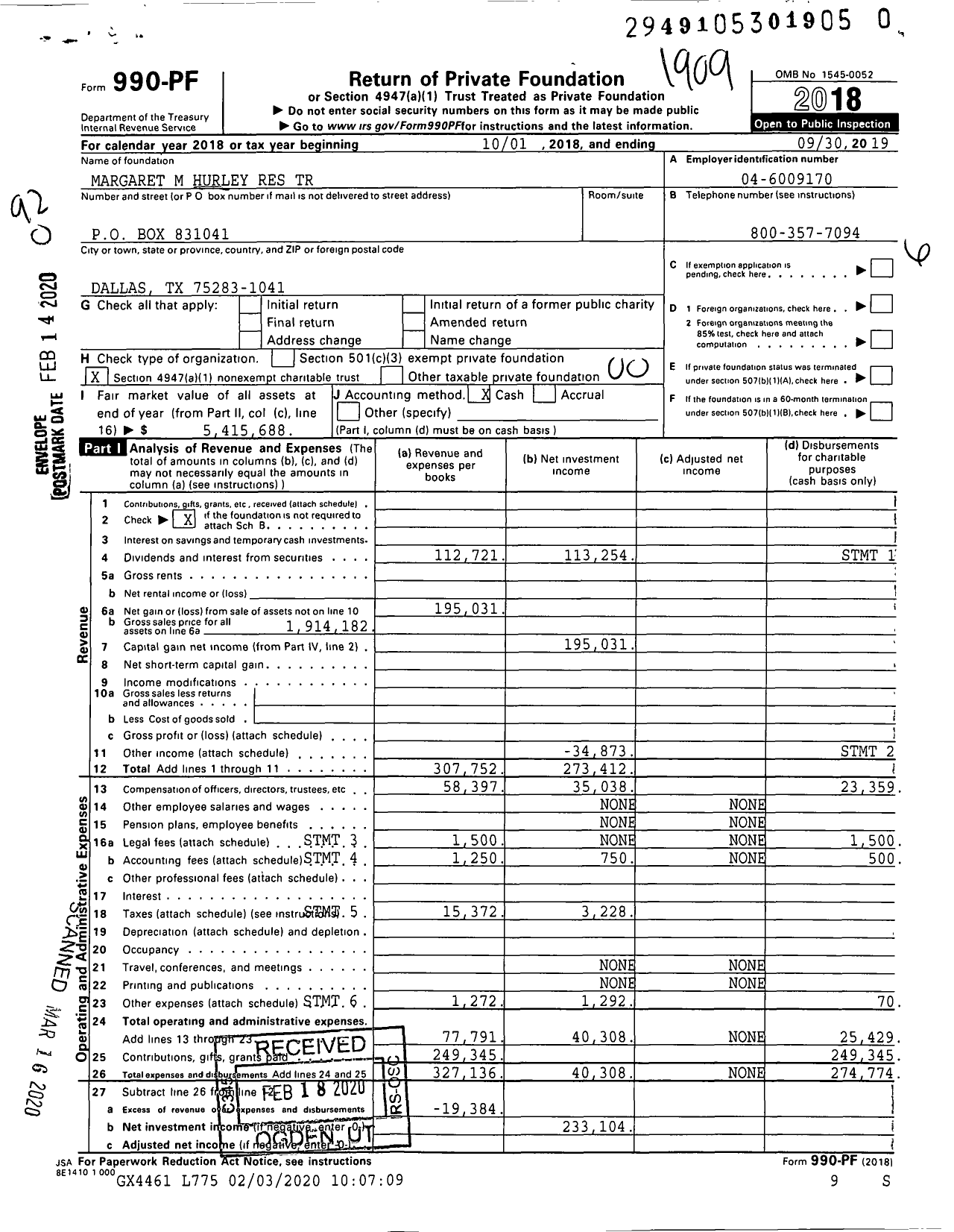 Image of first page of 2018 Form 990PR for Margaret M Hurley Res Trust