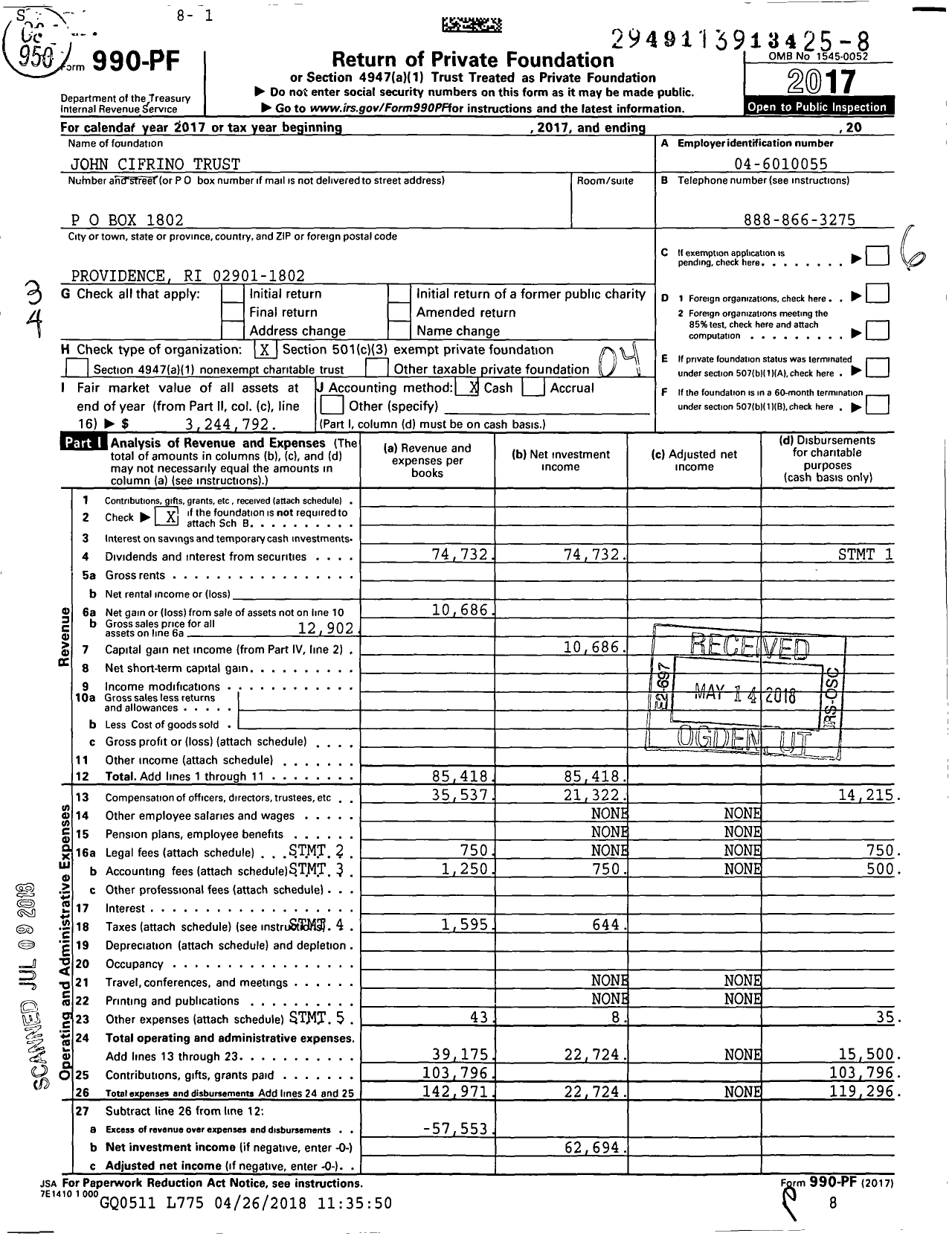 Image of first page of 2017 Form 990PF for John Cifrino Trust