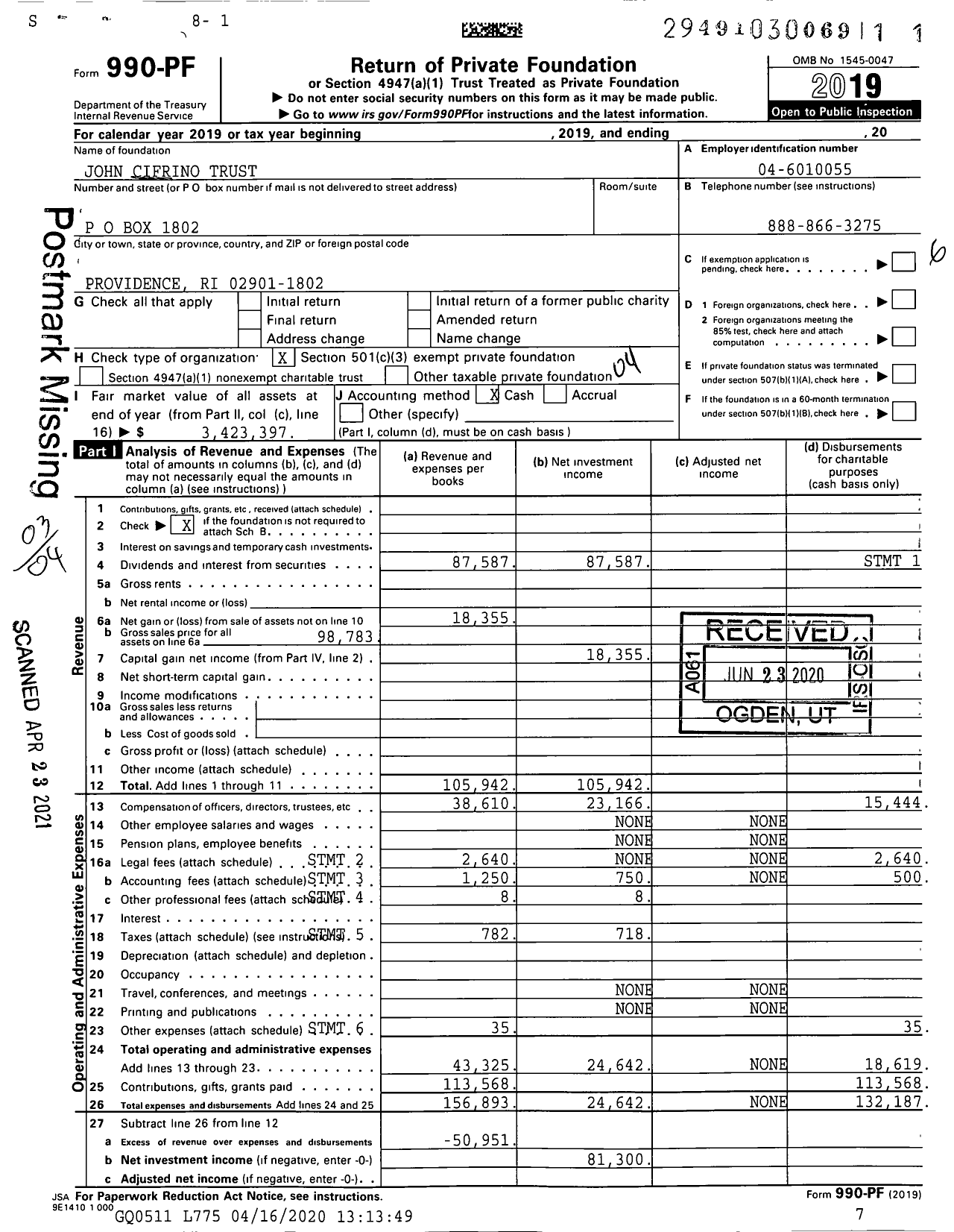 Image of first page of 2019 Form 990PF for John Cifrino Trust