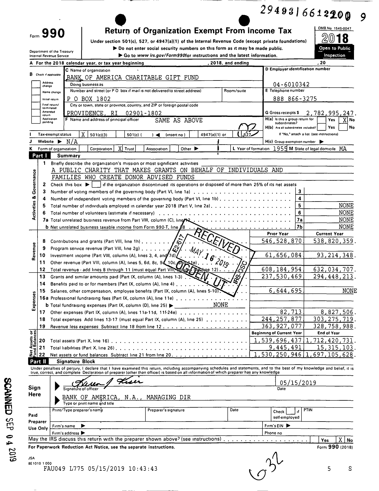 Image of first page of 2018 Form 990 for Bank of America Charitable Gift Fund