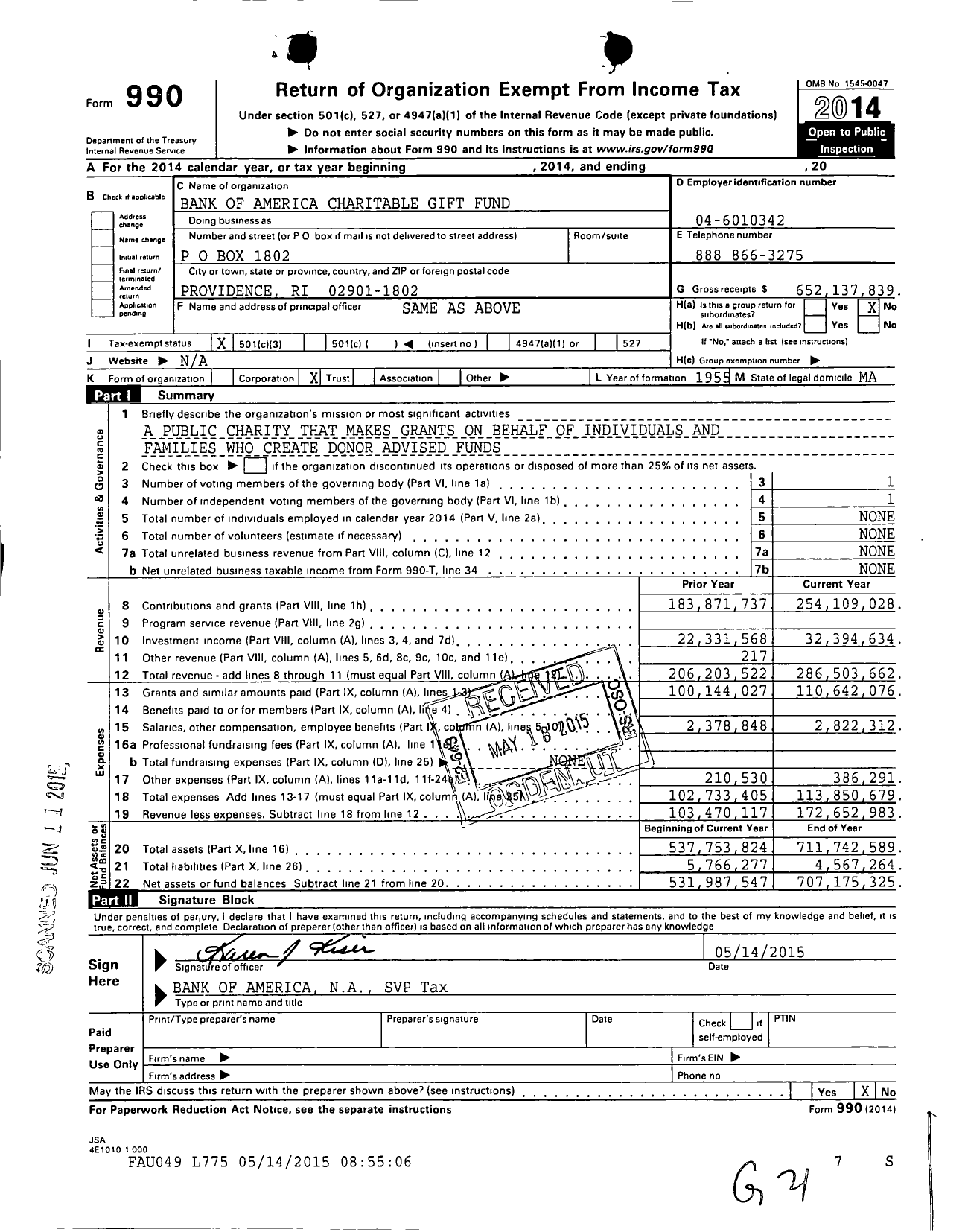 Image of first page of 2014 Form 990 for Bank of America Charitable Gift Fund