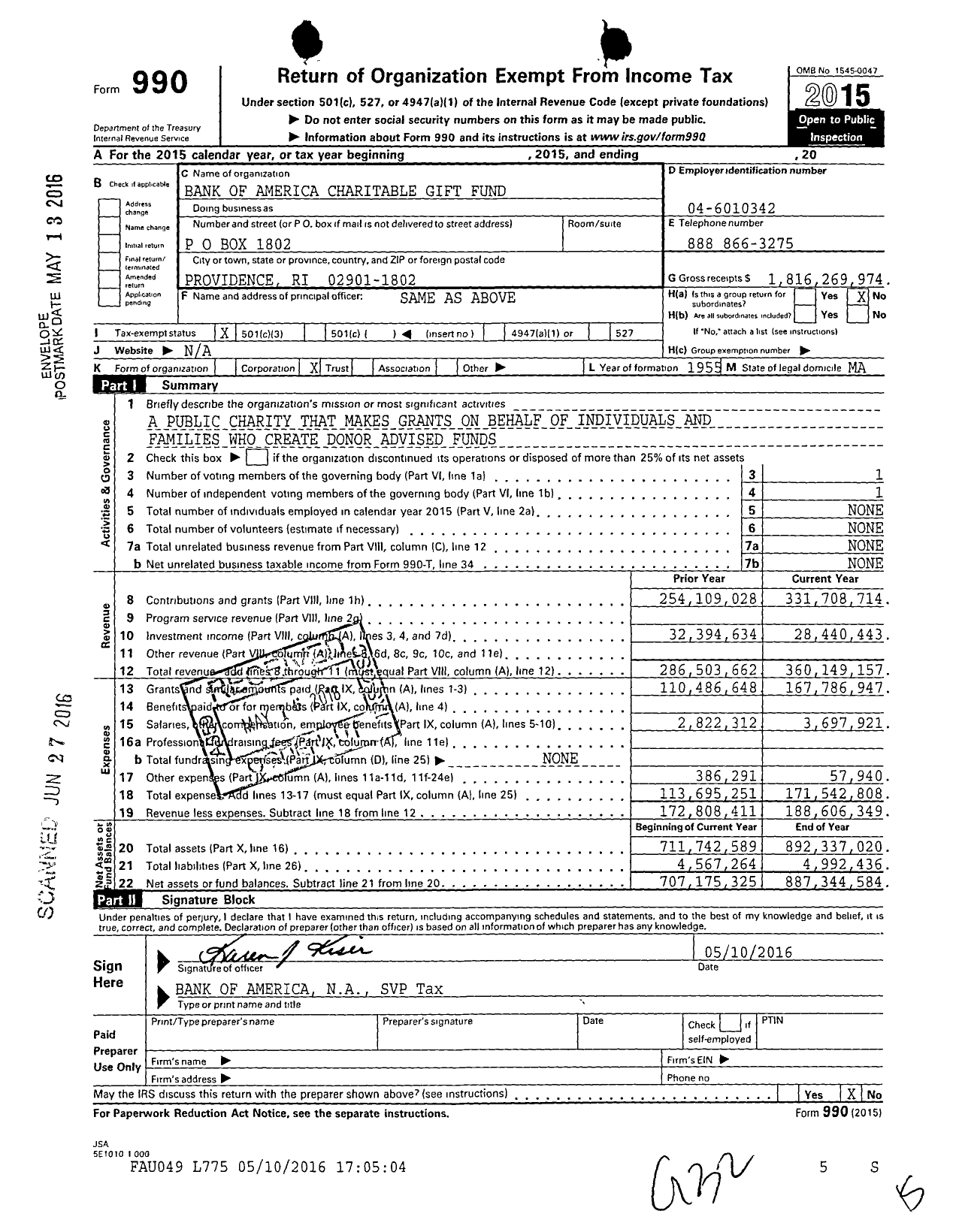 Image of first page of 2015 Form 990 for Bank of America Charitable Gift Fund