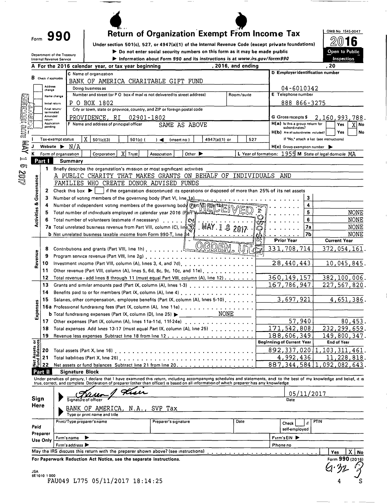 Image of first page of 2016 Form 990 for Bank of America Charitable Gift Fund