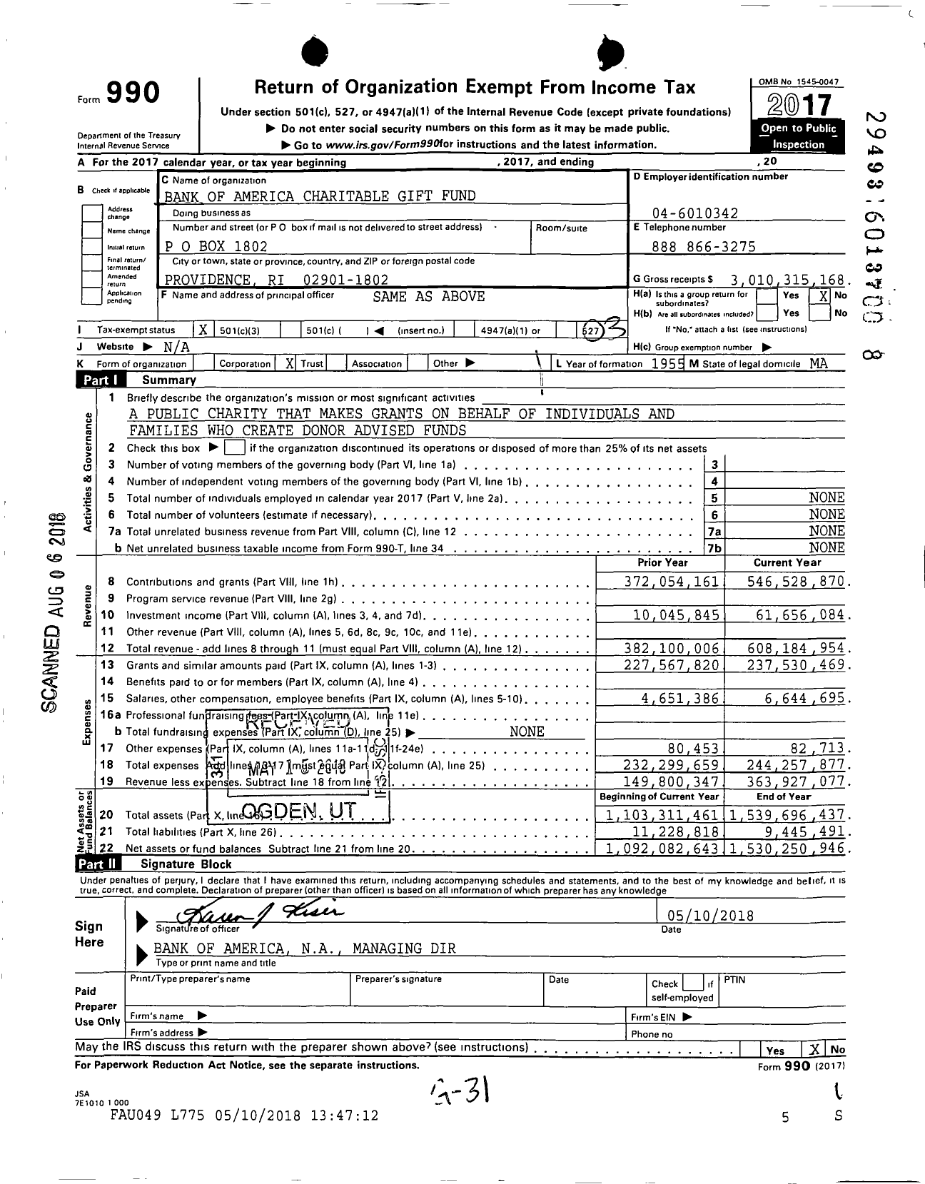 Image of first page of 2017 Form 990 for Bank of America Charitable Gift Fund