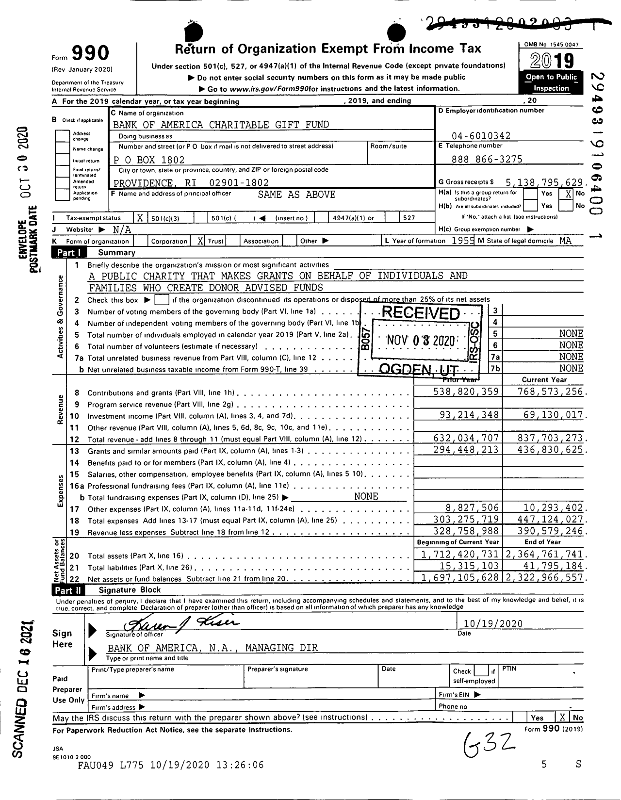 Image of first page of 2019 Form 990 for Bank of America Charitable Gift Fund