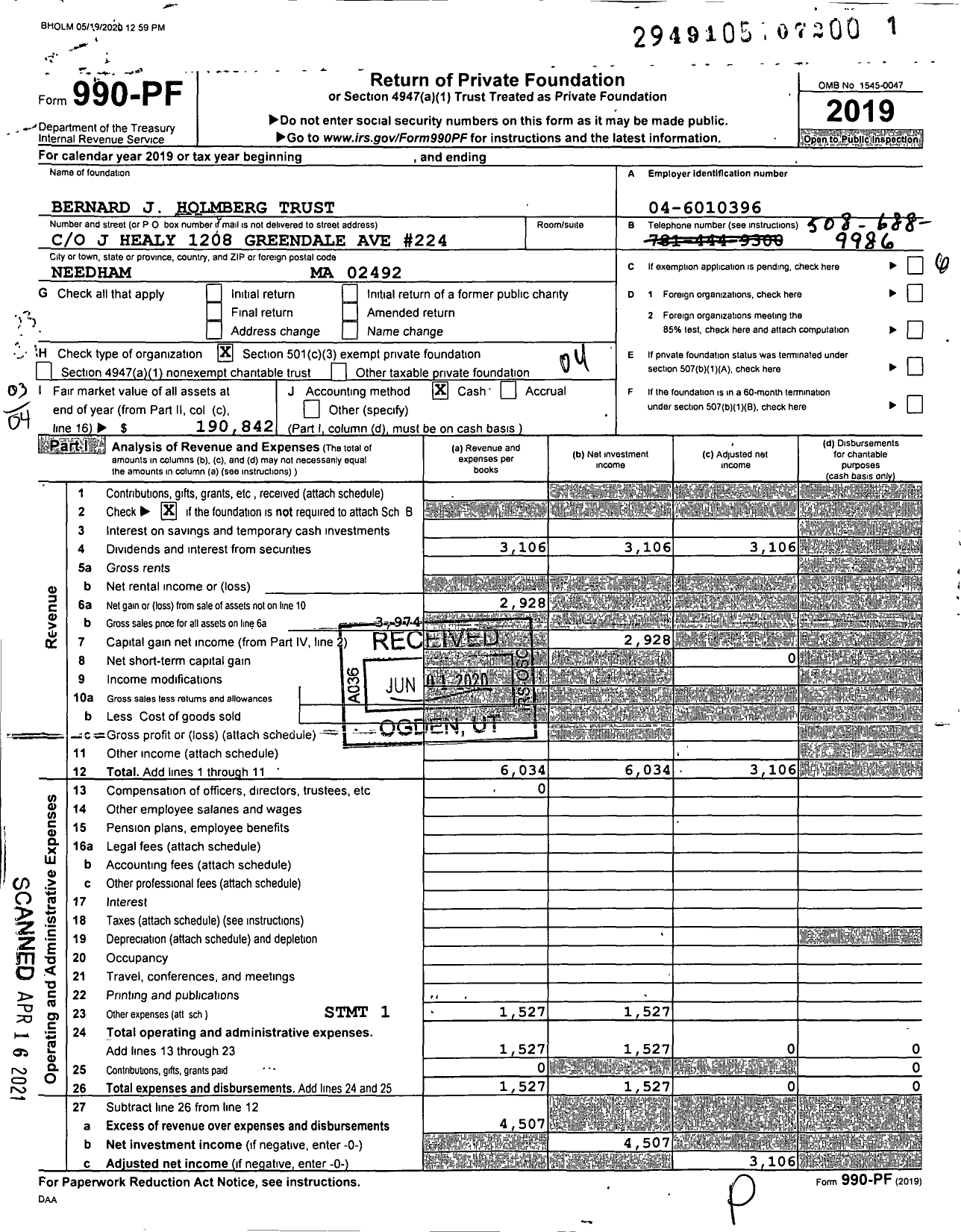 Image of first page of 2019 Form 990PF for Bernard J Holmberg Trust