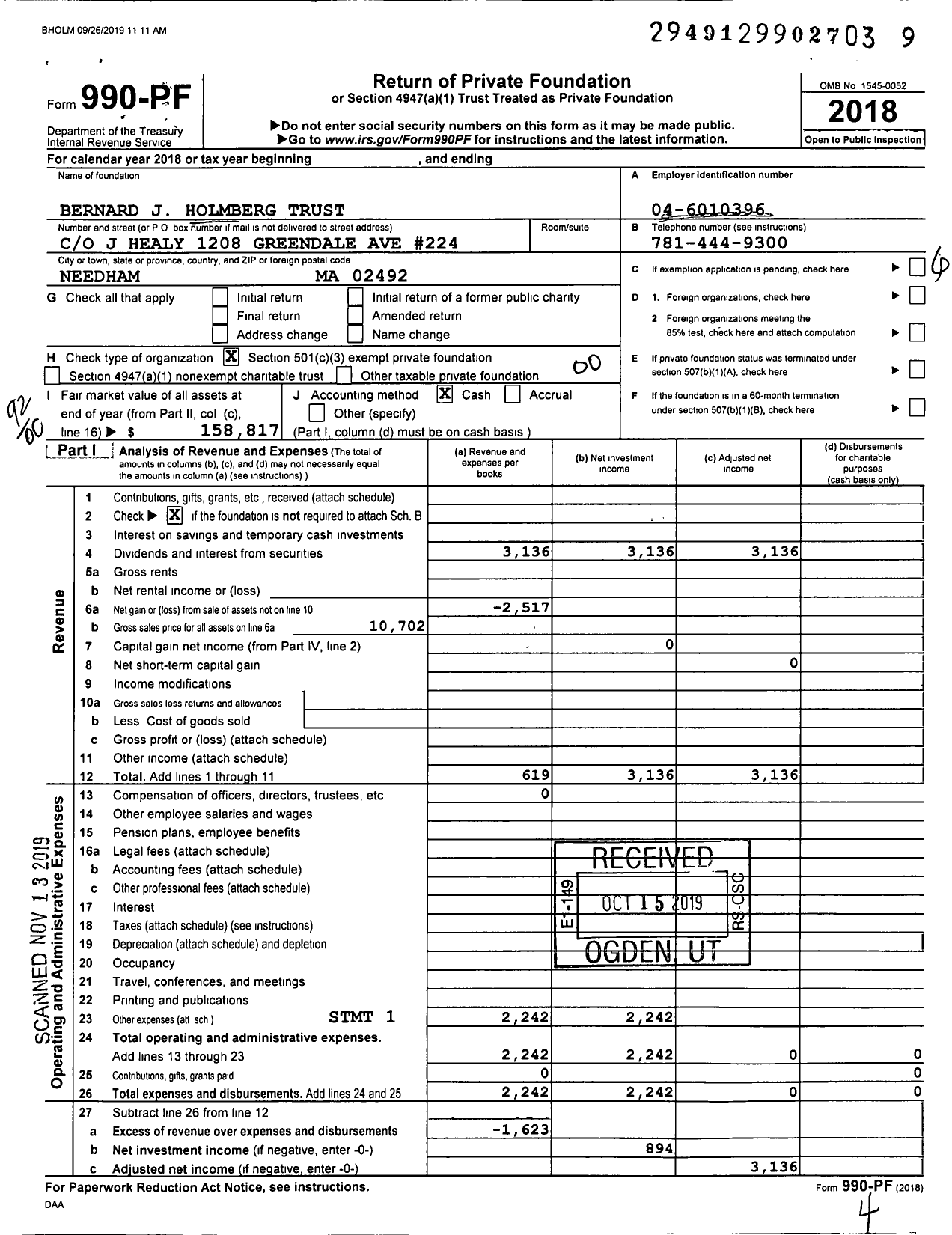 Image of first page of 2018 Form 990PF for Bernard J Holmberg Trust