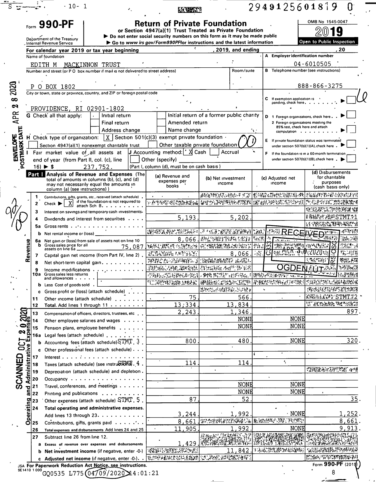 Image of first page of 2019 Form 990PR for Edith M Mackinnon Trust