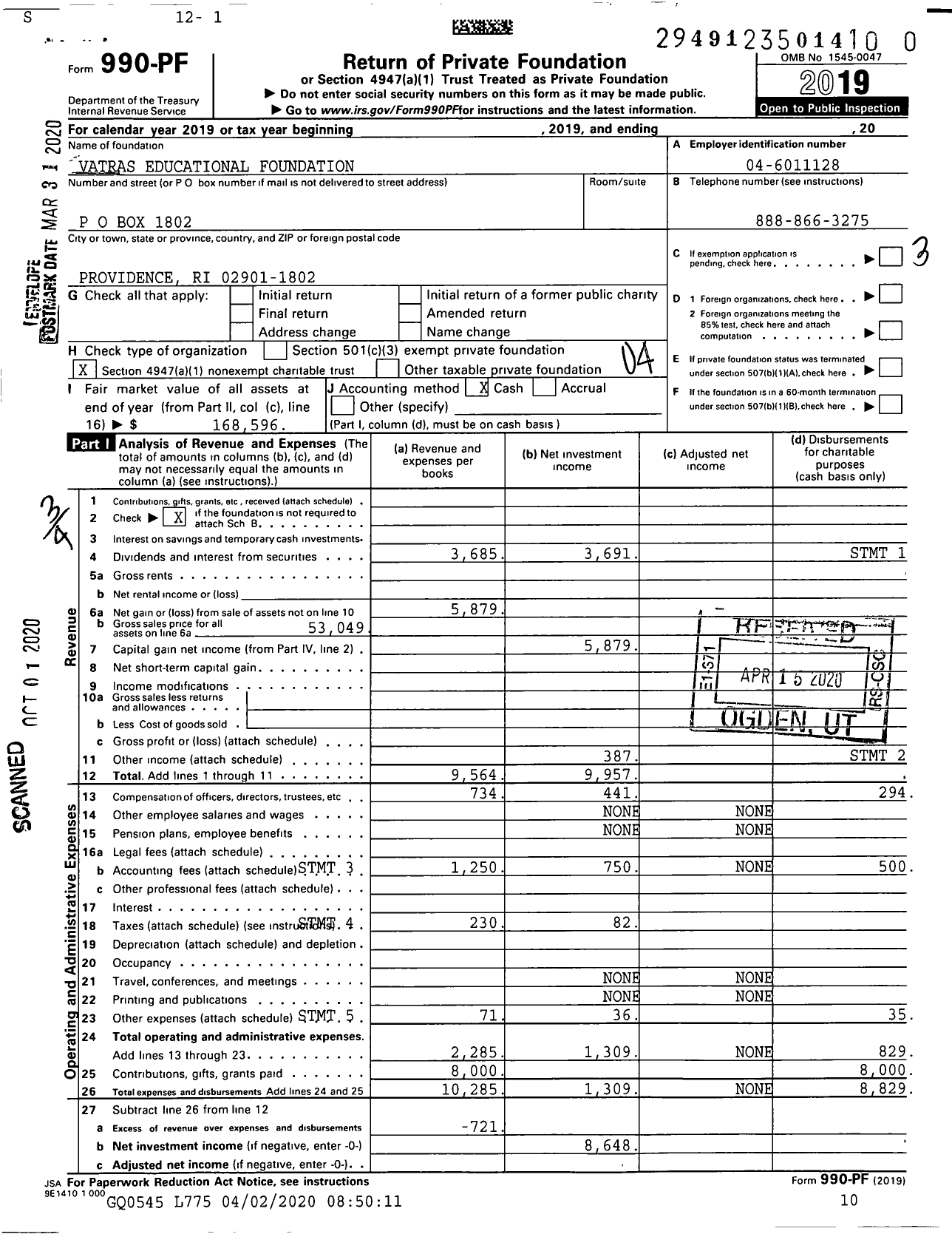 Image of first page of 2019 Form 990PR for Vatras Educational Foundation