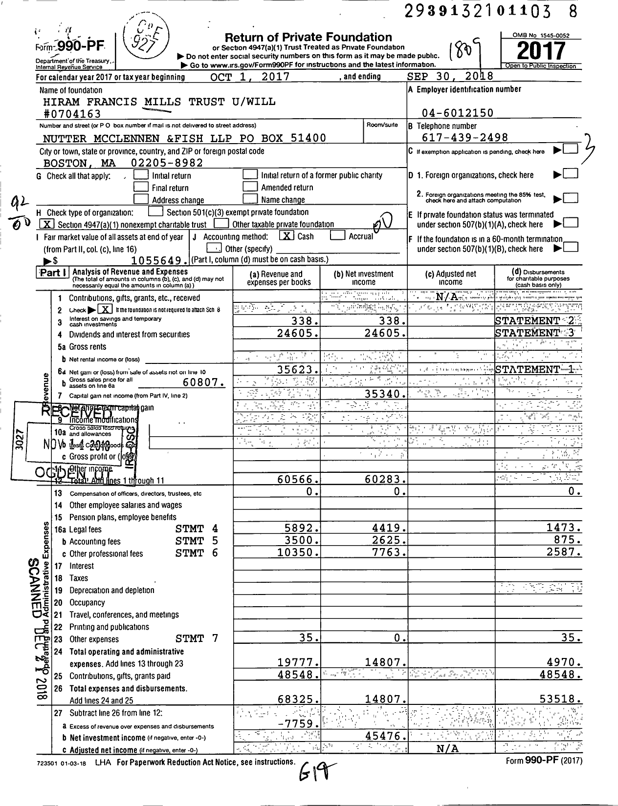 Image of first page of 2017 Form 990PF for Hiram Francis Mills Trust Uwill #0704163