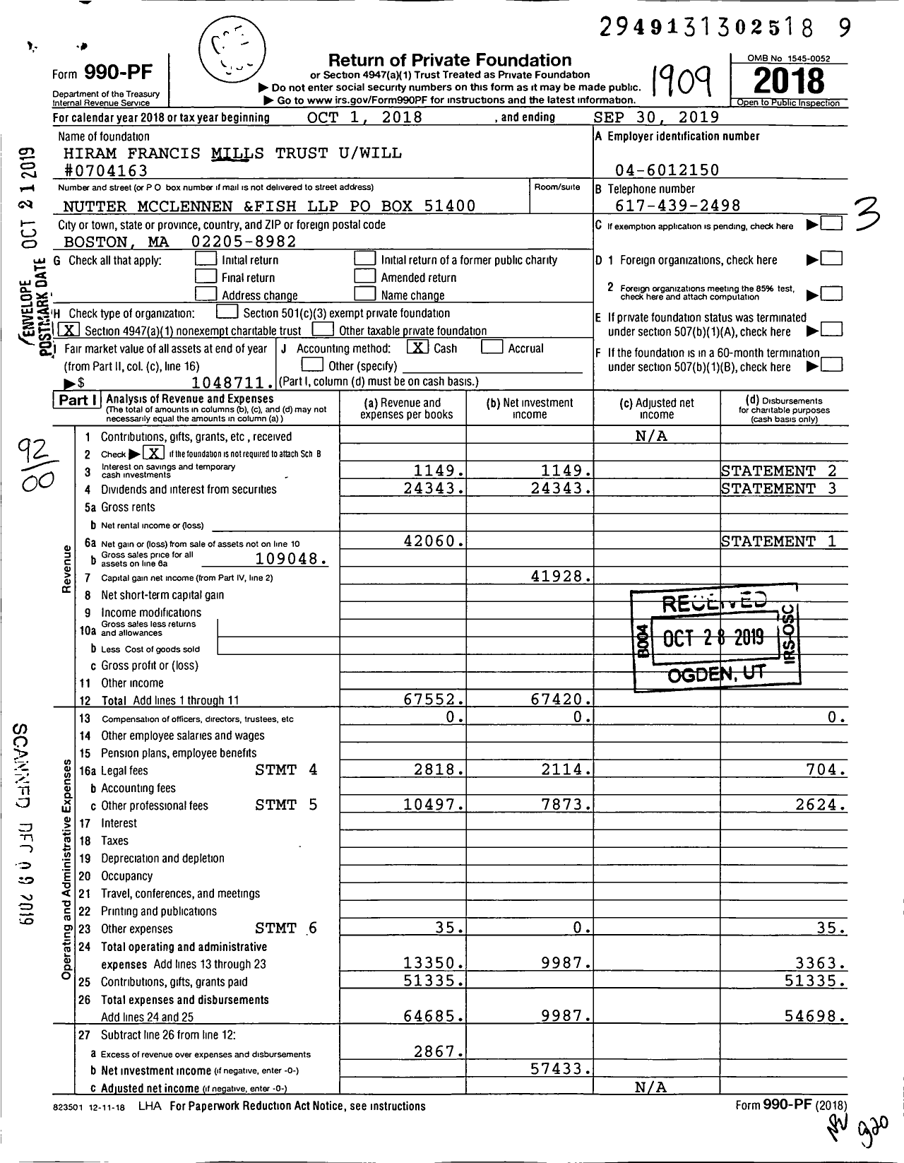 Image of first page of 2018 Form 990PF for Hiram Francis Mills Trust Uwill #0704163