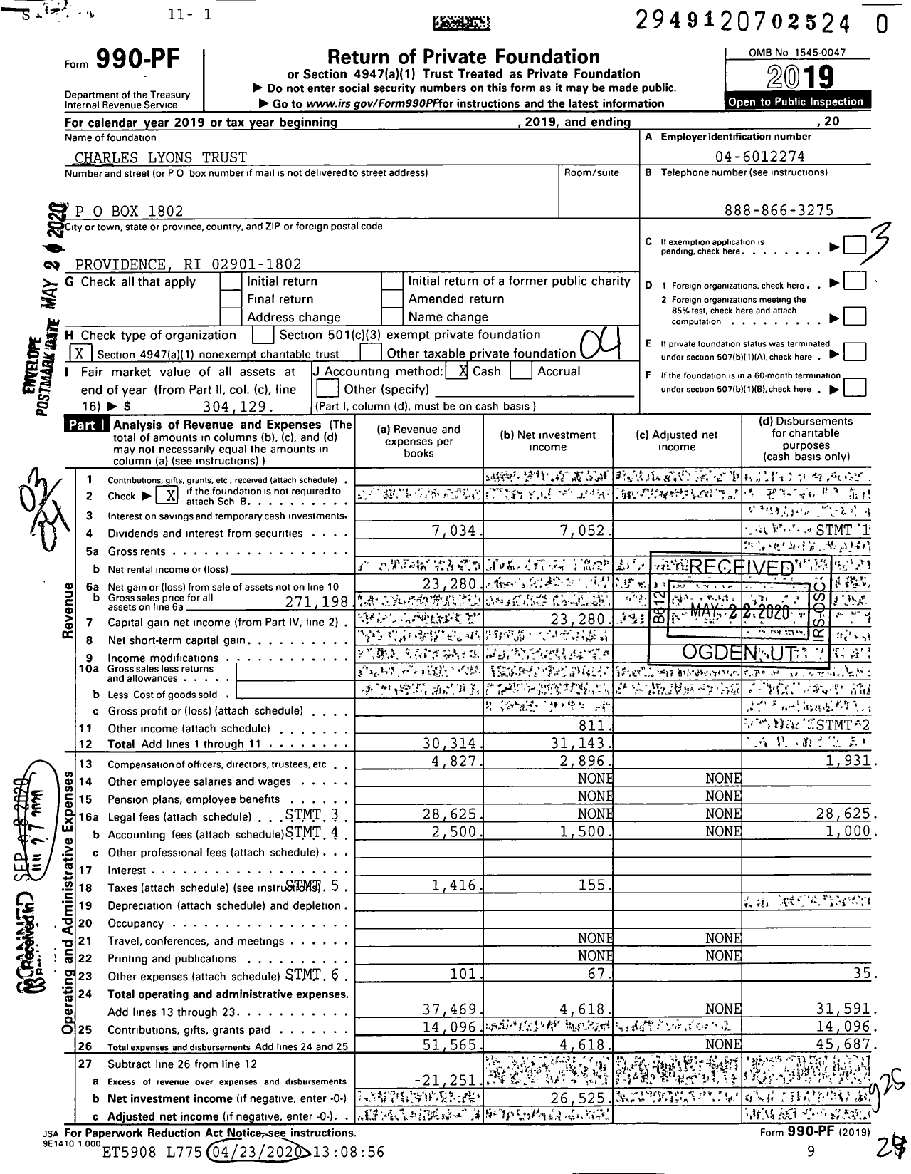 Image of first page of 2019 Form 990PR for Charles Lyons Trust