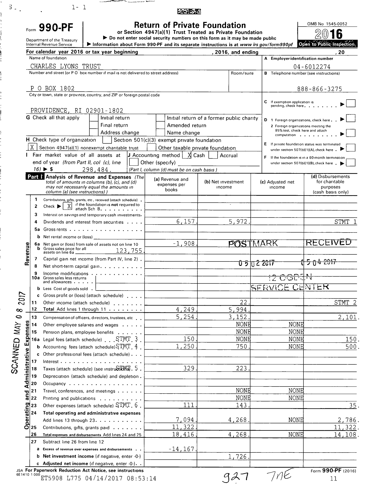 Image of first page of 2016 Form 990PF for Charles Lyons Trust