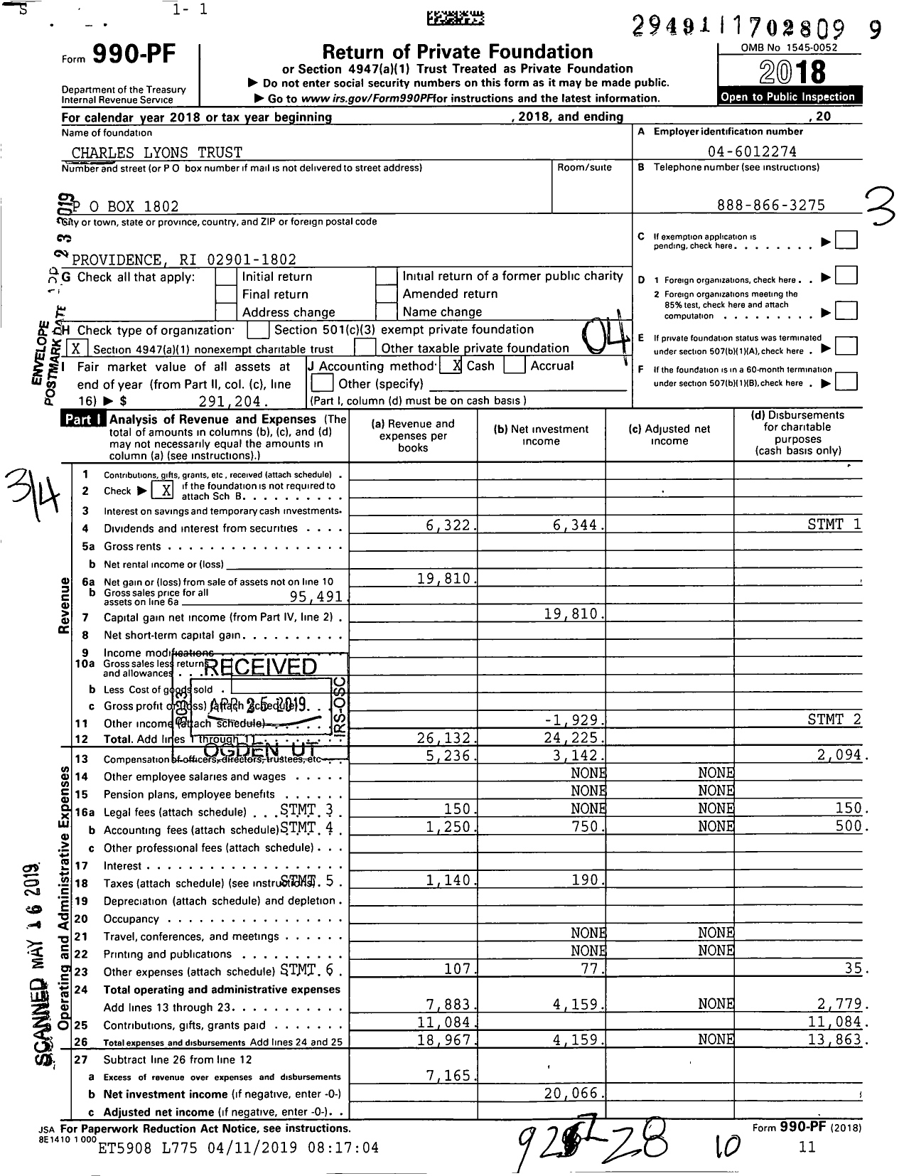 Image of first page of 2018 Form 990PF for Charles Lyons Trust