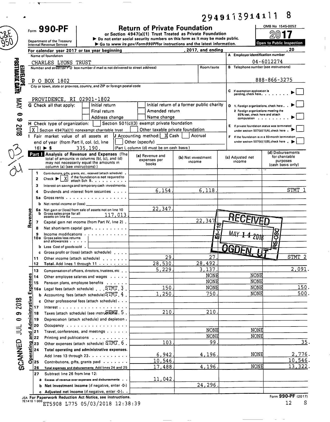 Image of first page of 2017 Form 990PF for Charles Lyons Trust