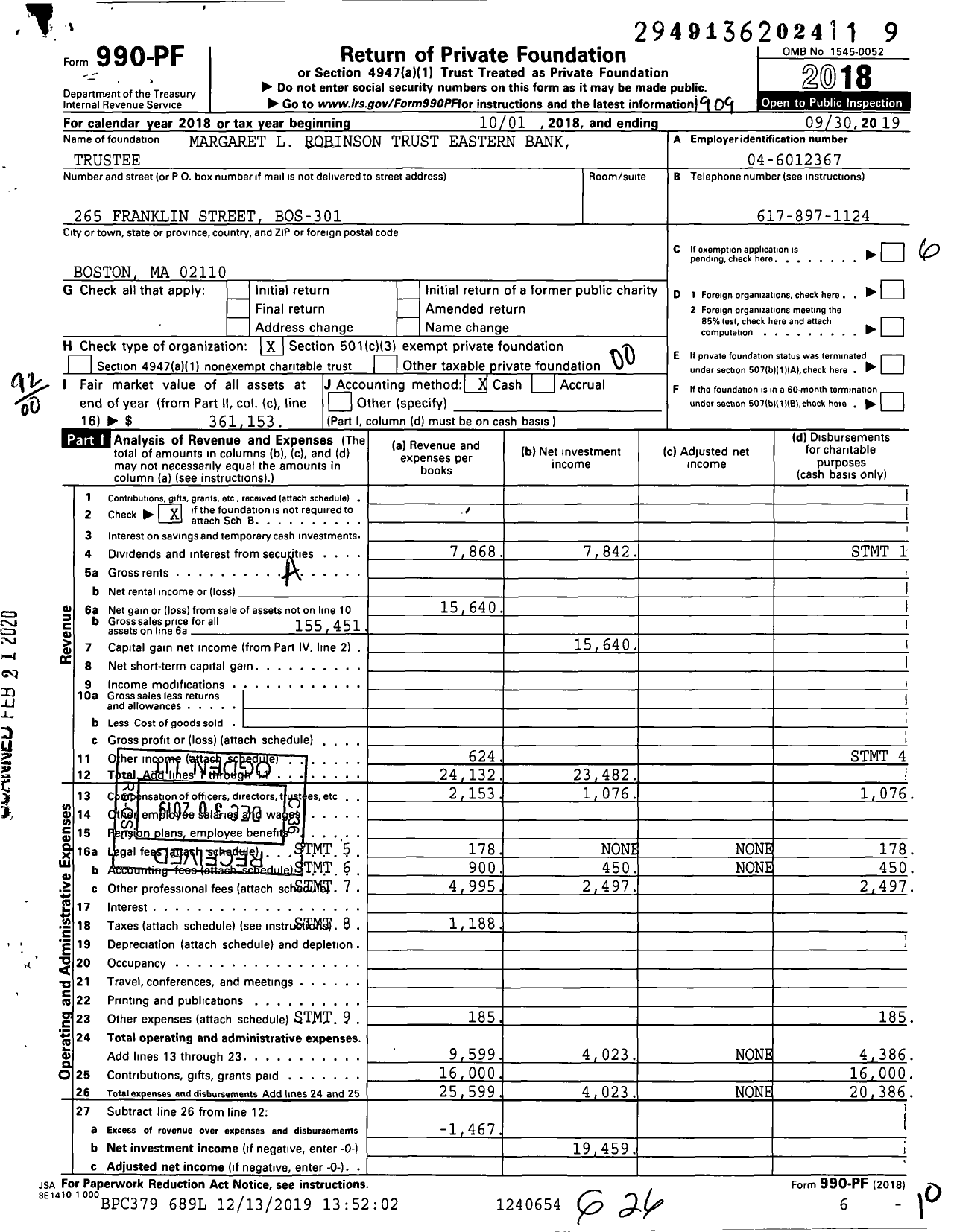 Image of first page of 2018 Form 990PR for Margaret L Robinson Trust Eastern Bank