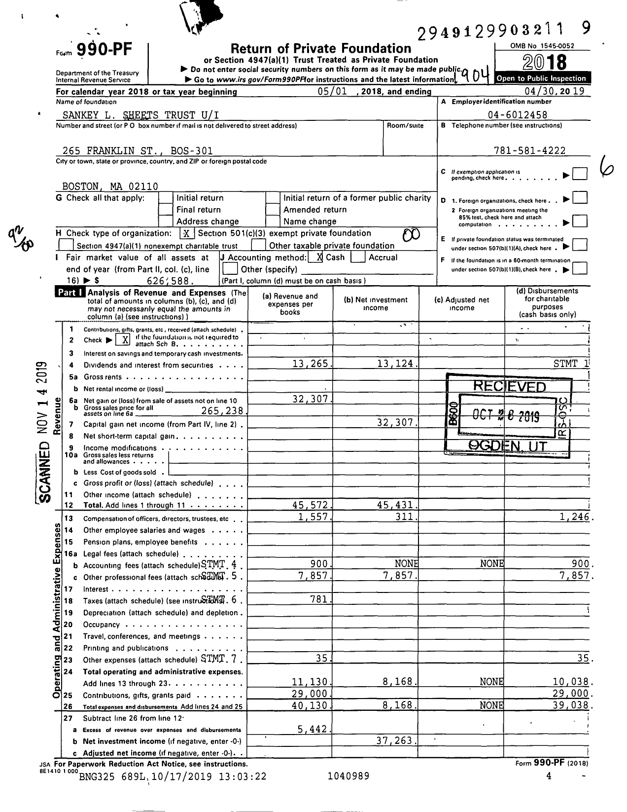 Image of first page of 2018 Form 990PF for Sankey L Sheets TR Ui