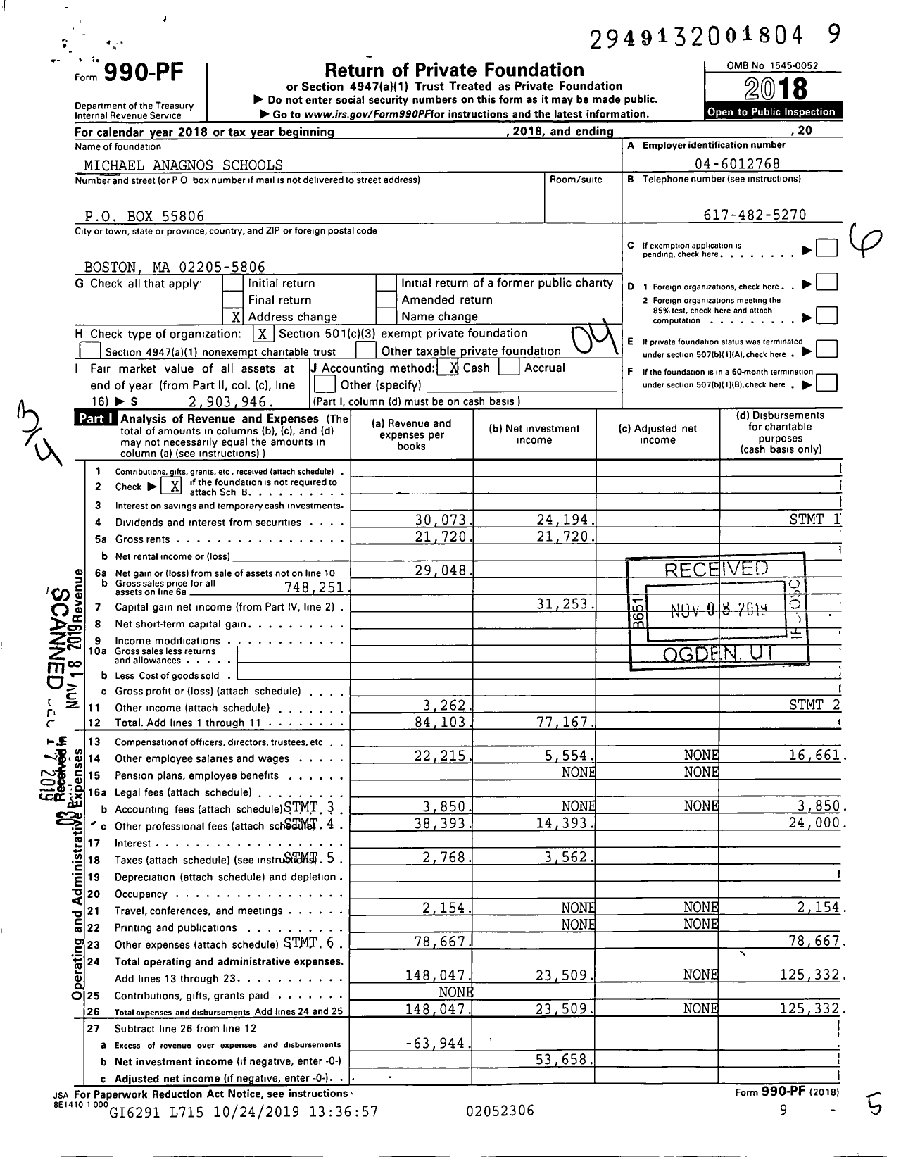 Image of first page of 2018 Form 990PF for Michael Anagnos Schools