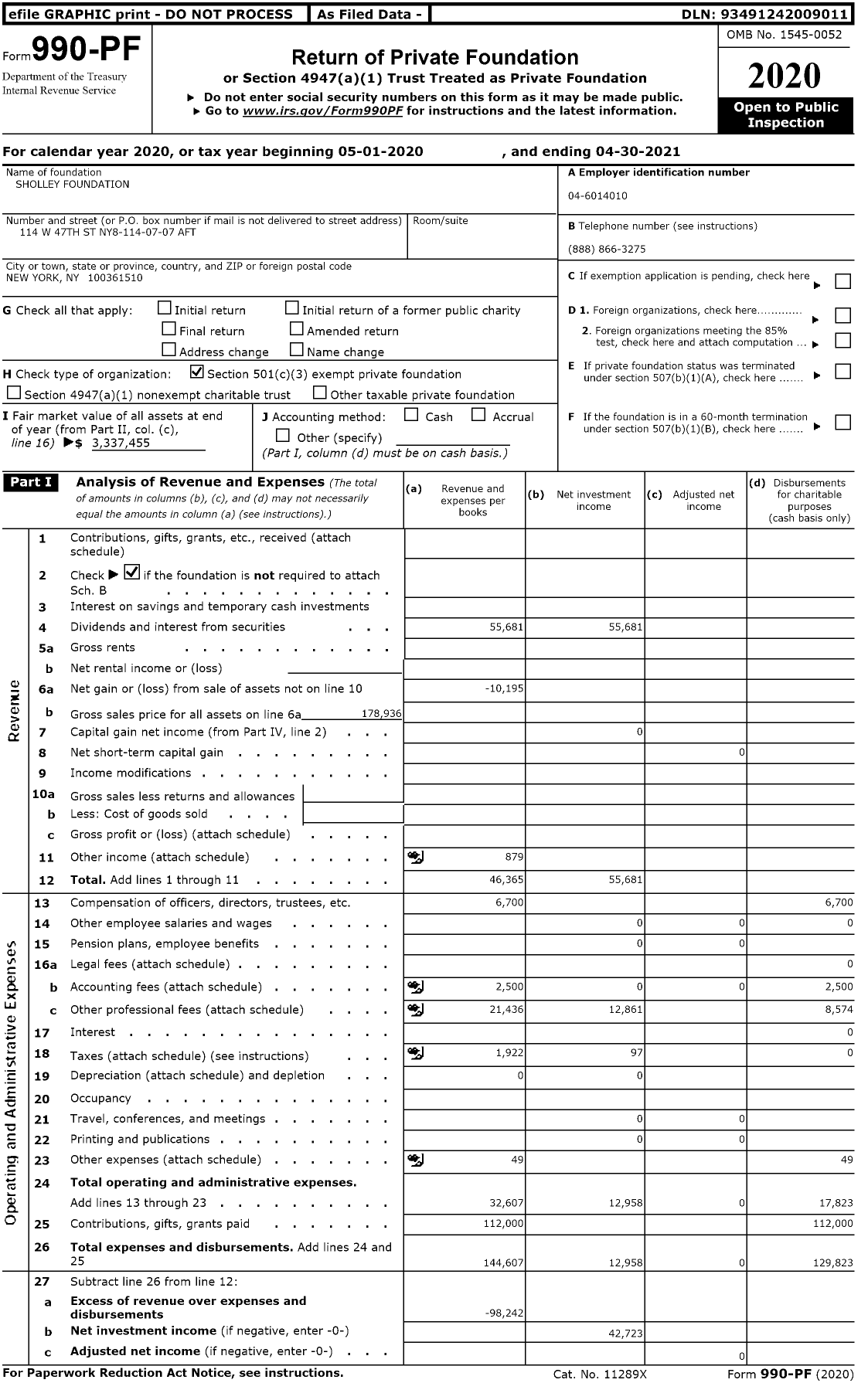 Image of first page of 2020 Form 990PF for Sholley Foundation