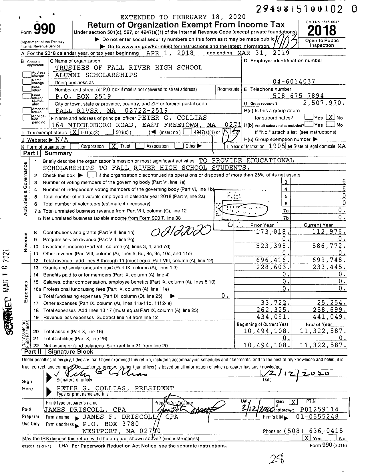 Image of first page of 2018 Form 990 for Trustees of Fall River High School Alumni Scholarships