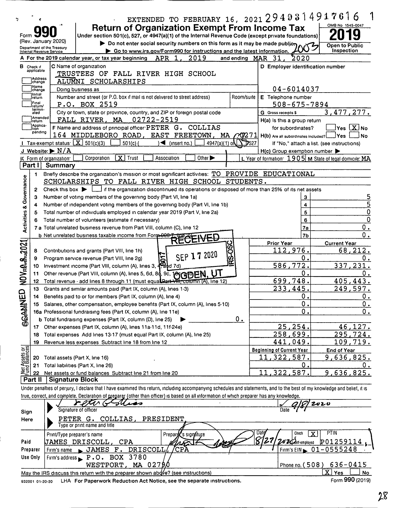 Image of first page of 2019 Form 990 for Trustees of Fall River High School Alumni Scholarships