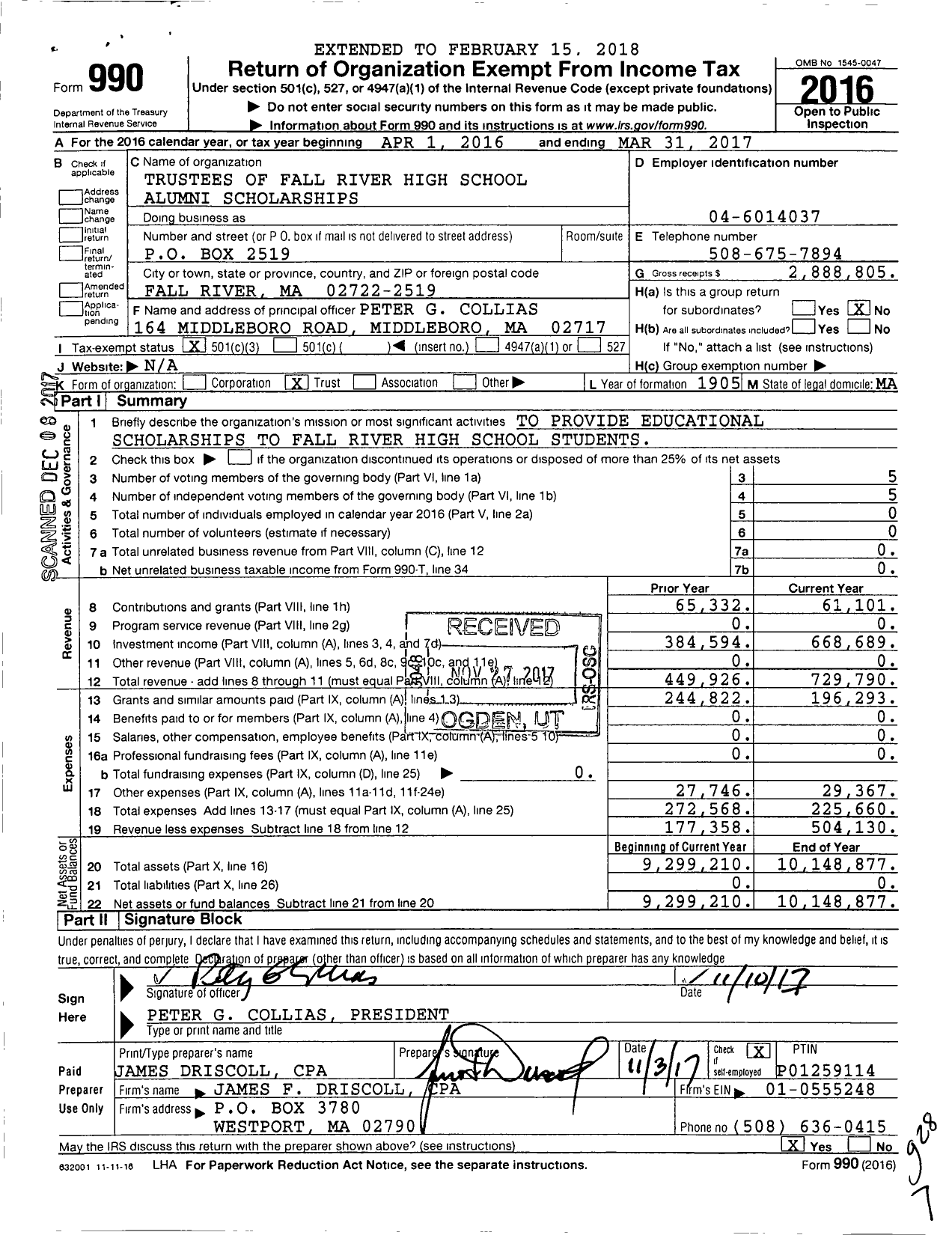 Image of first page of 2016 Form 990 for Trustees of Fall River High School Alumni Scholarships