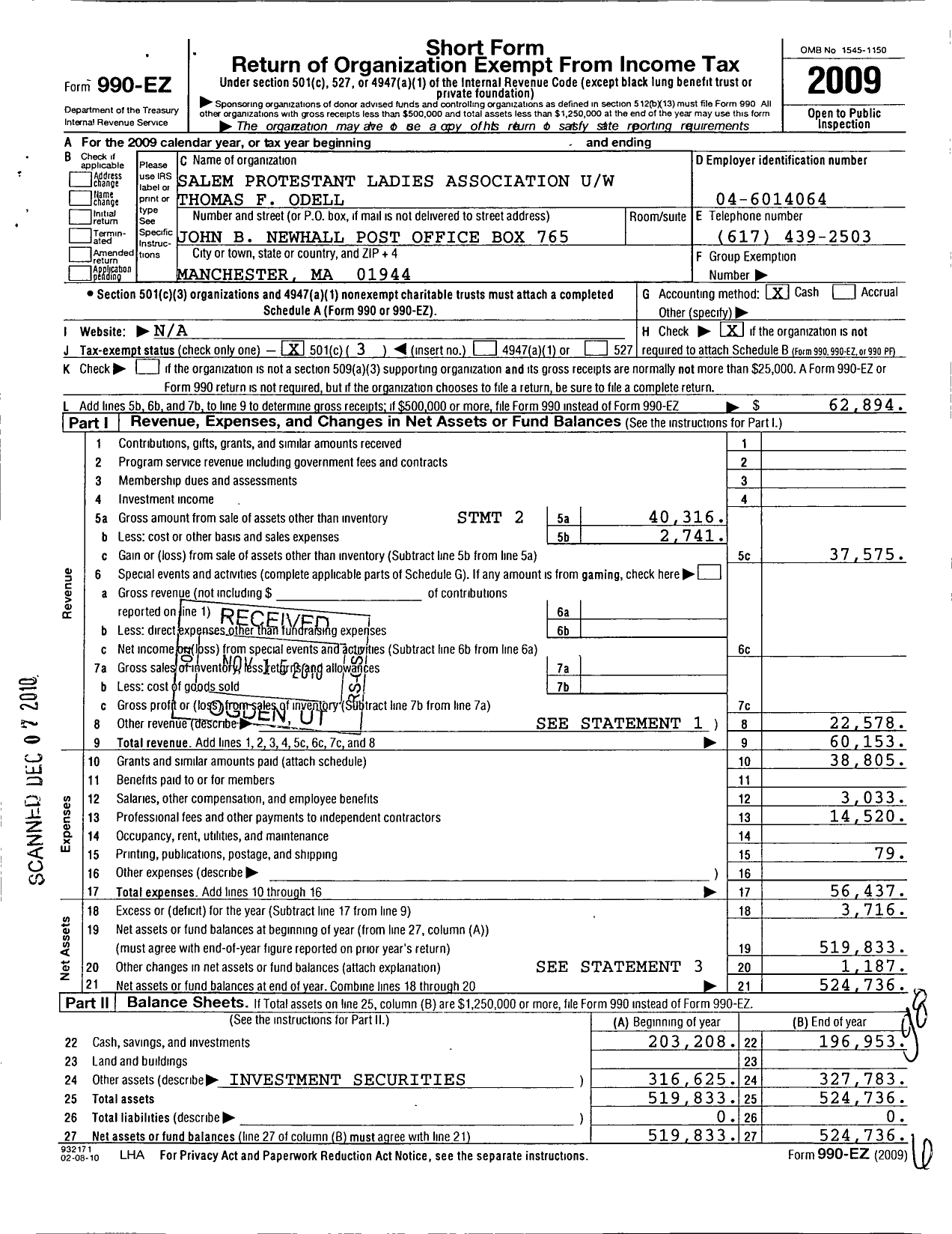 Image of first page of 2009 Form 990EZ for Salem Protestant Ladies Association U / W Thomas F Odell