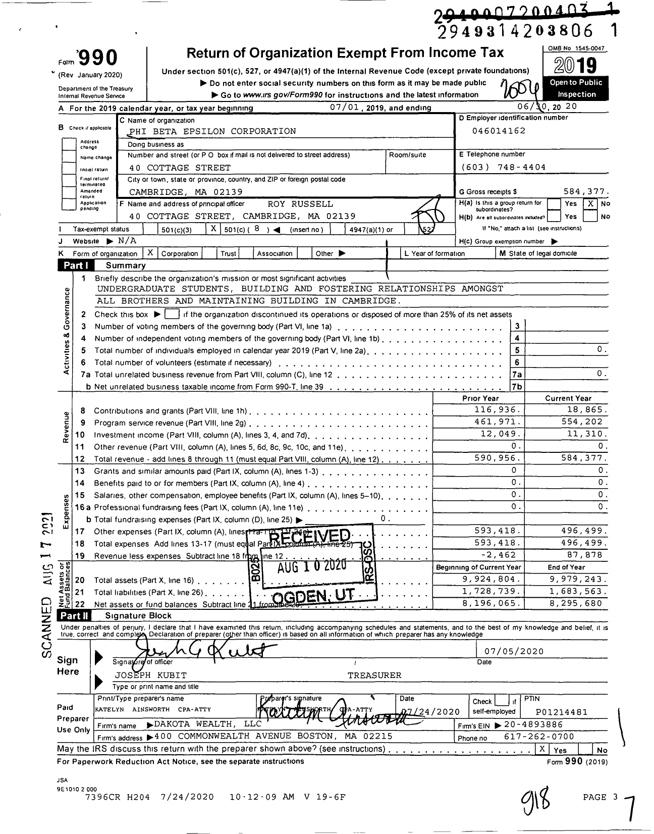 Image of first page of 2019 Form 990O for Phi Beta Epsilon Corporation