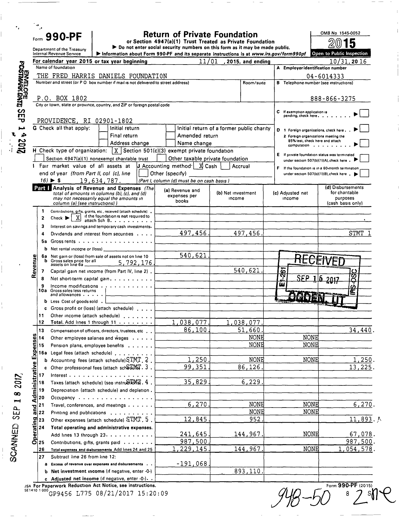 Image of first page of 2015 Form 990PF for The Fred Harris Daniels Foundation