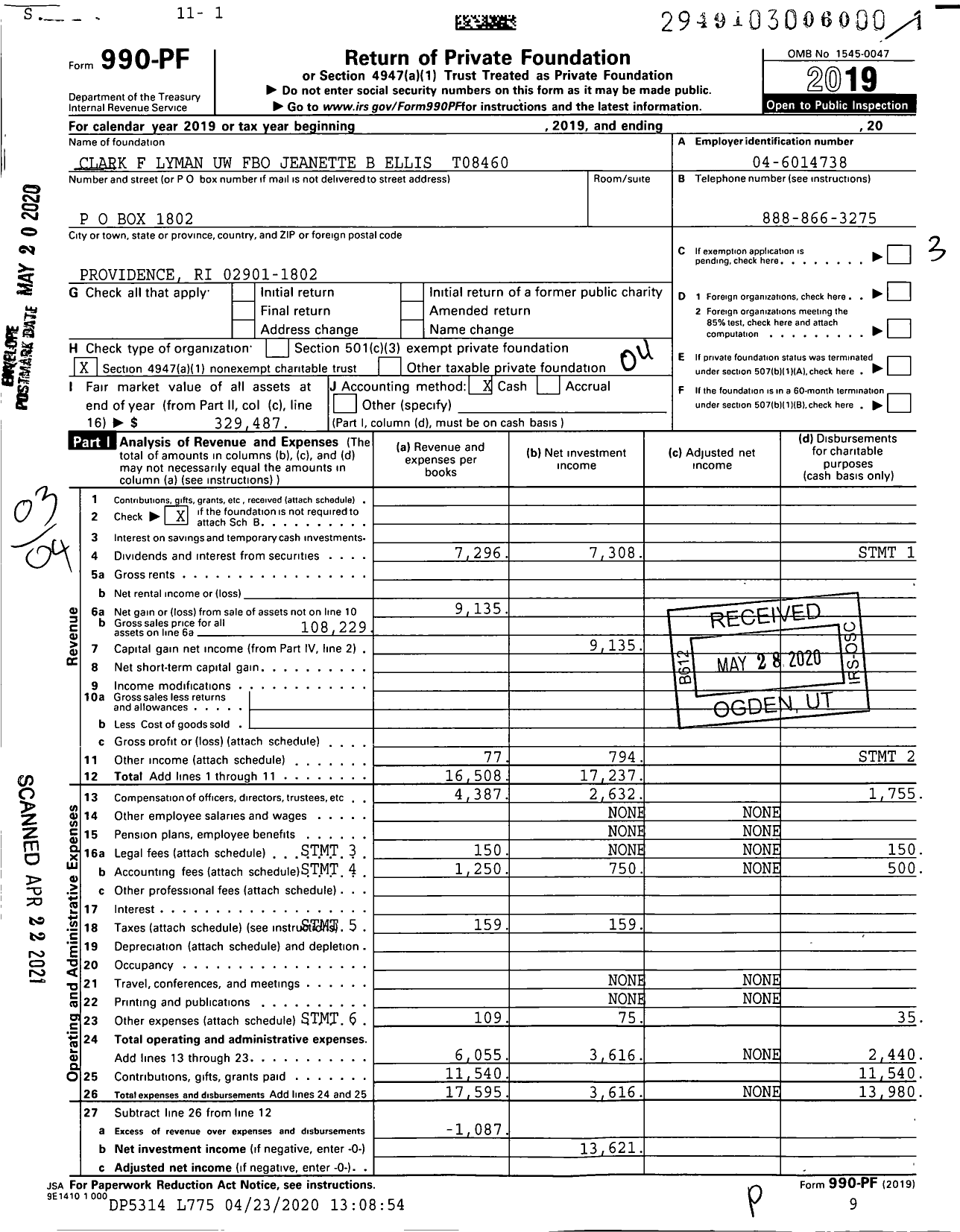 Image of first page of 2019 Form 990PF for Clark F Lyman Uw Fbo Jeanette B Ellis T08460