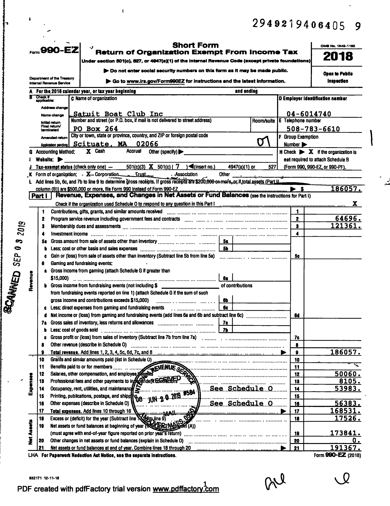 Image of first page of 2018 Form 990EO for Satuit Boat Club