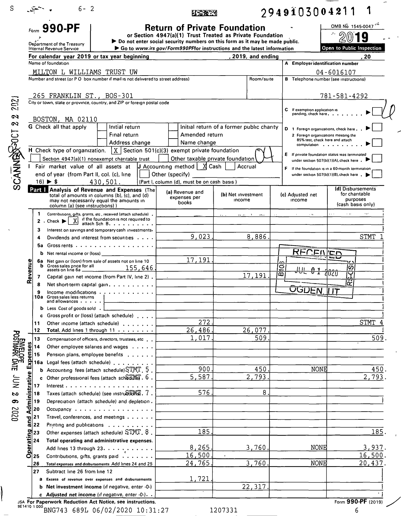 Image of first page of 2019 Form 990PF for Milton L Williams Trust Uw
