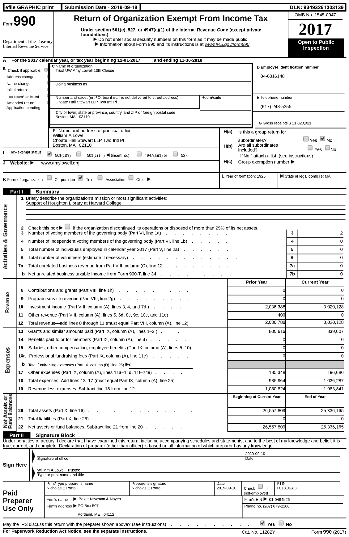 Image of first page of 2017 Form 990 for Trust UW Amy Lowell 10th Clause