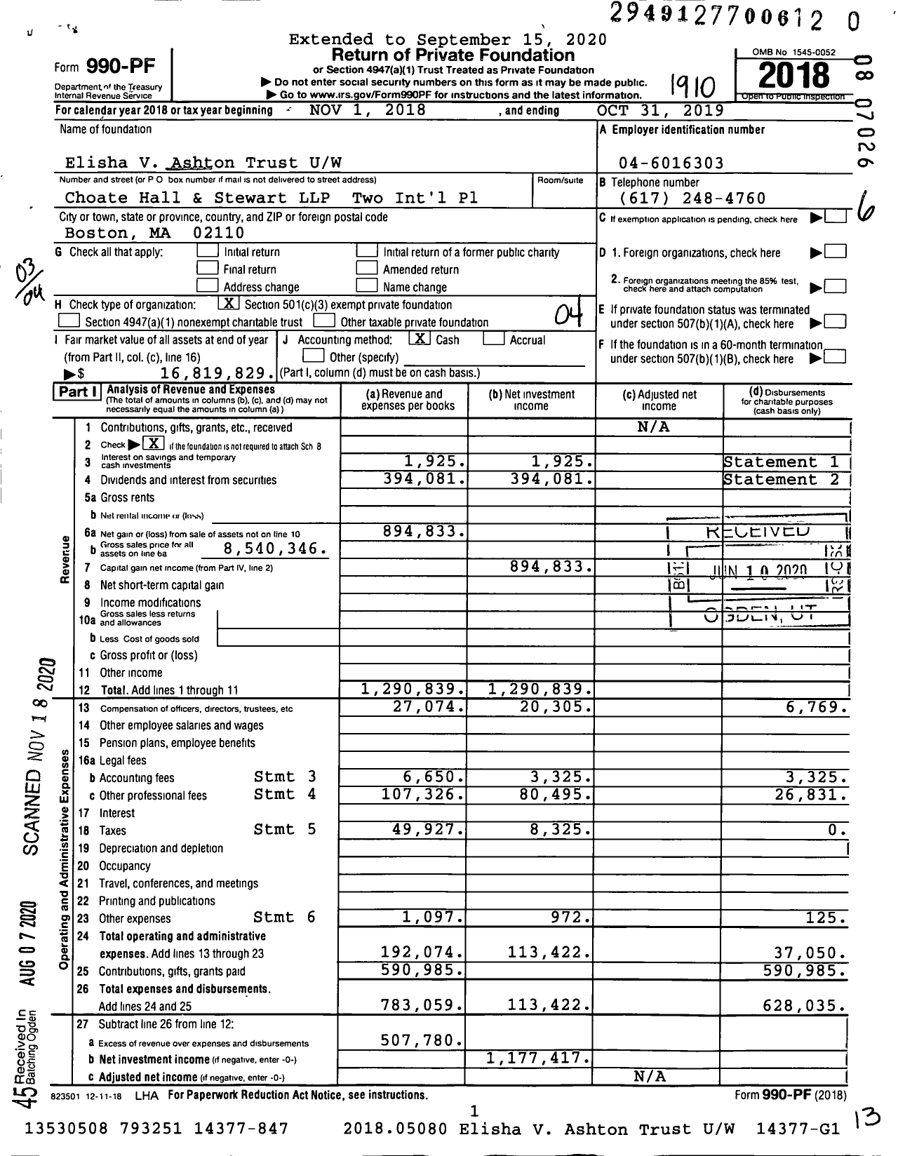 Image of first page of 2018 Form 990PF for Elisha V. Ashton Trust