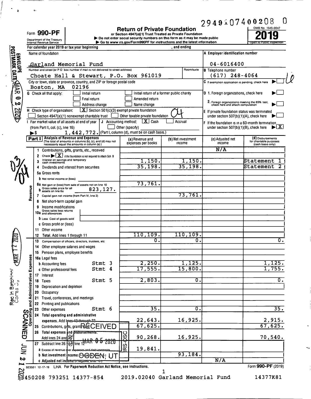 Image of first page of 2019 Form 990PR for Garland Memorial Fund