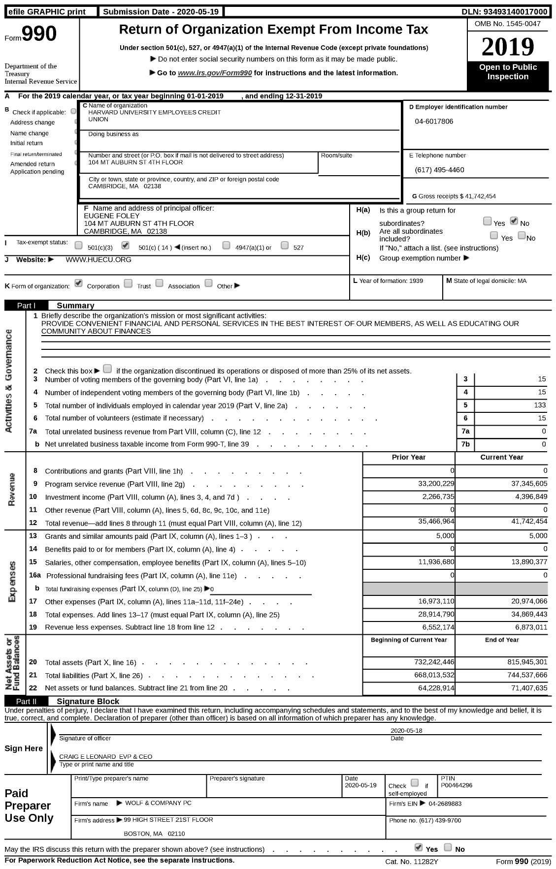 Image of first page of 2019 Form 990 for Harvard University Employees Credit Union (HUECU)